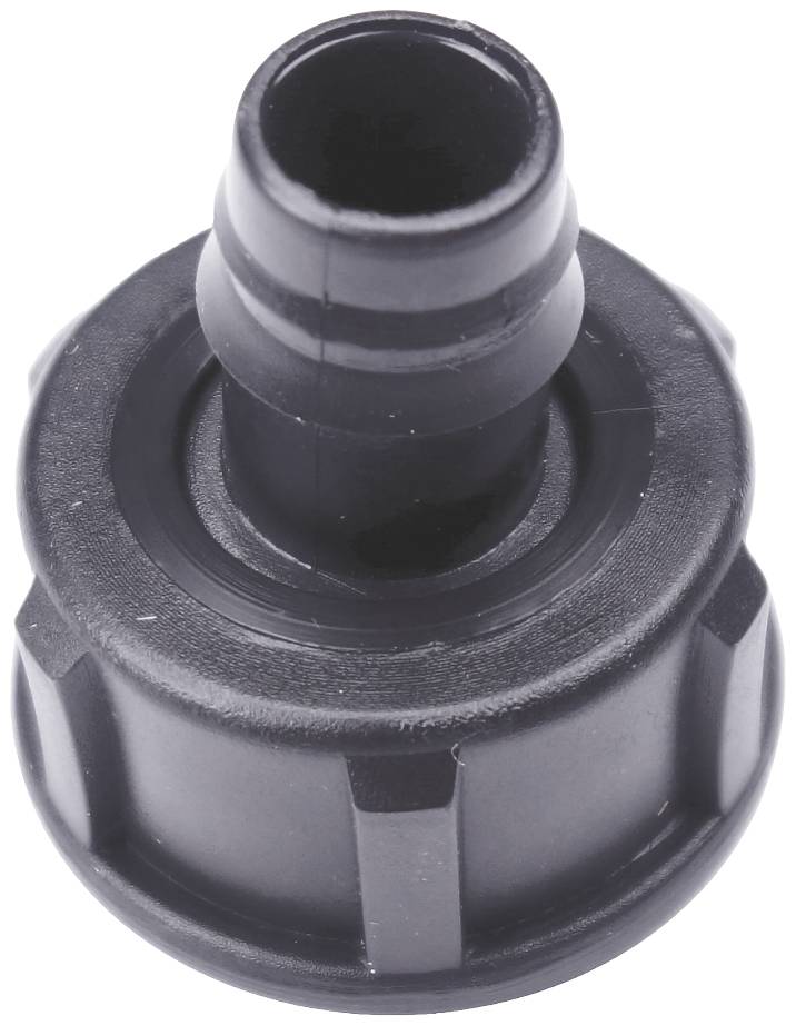 Schwarzer Kunststoffschlauchadapter mit geriffeltem Anschluss, oben offen. Verwendet für Verbindung von Schläuchen in technischen Anwendungen.