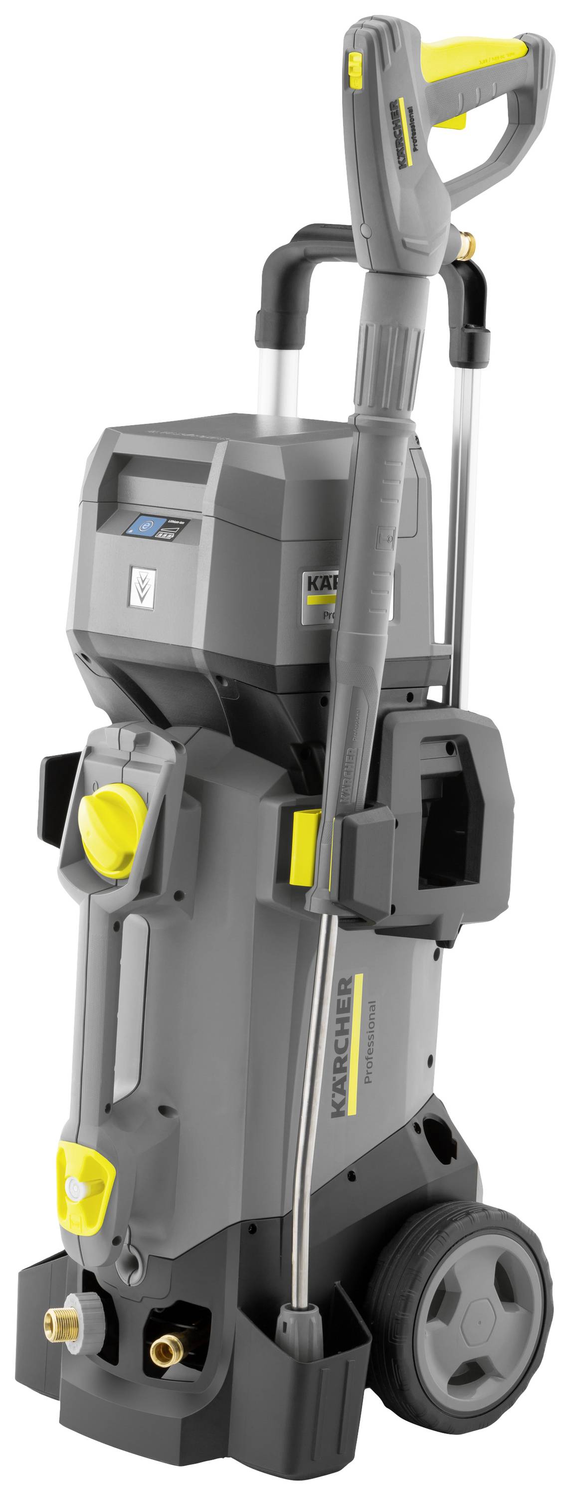 Ein Hochdruckreiniger mit grauem Gehäuse, großen Rädern und gelben Akzenten. Der Griff ist hoch angebracht, ideal für einfachen Transport.