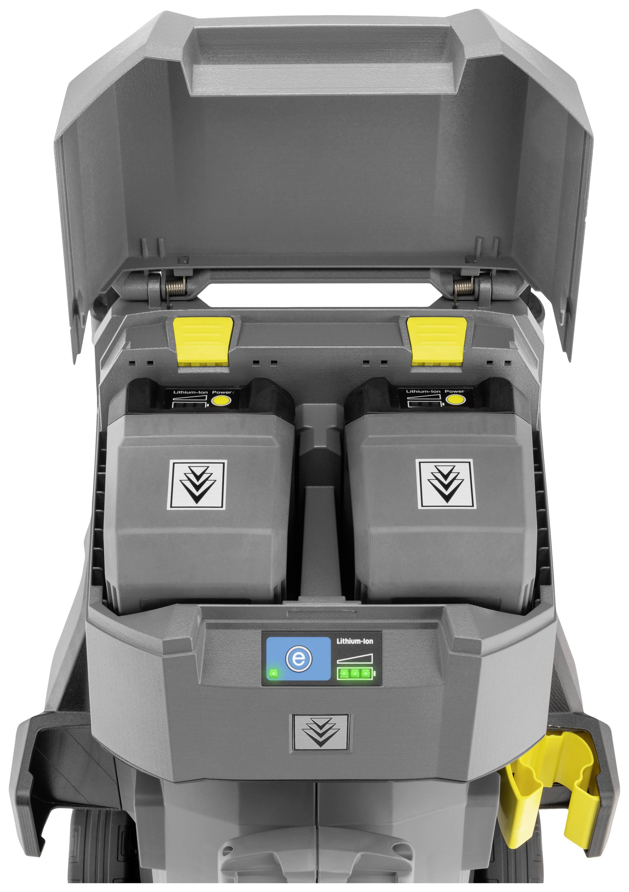 Ein Gerät mit zwei Batterien in Fächern. Ein Bildschirm zeigt Symbole und den Batteriestatus an. Oben ist ein geöffneter Deckel.