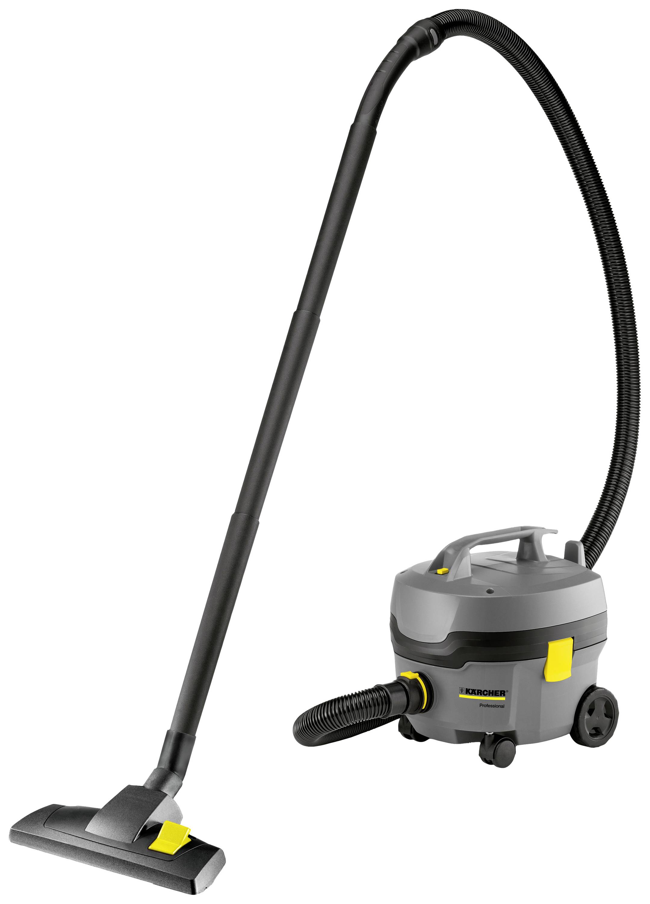 Ein grauer Staubsauger mit schwarzem Schlauch und gelben Details. Er steht auf kleinen Rädern und hat einen langen, gebogenen Griff.