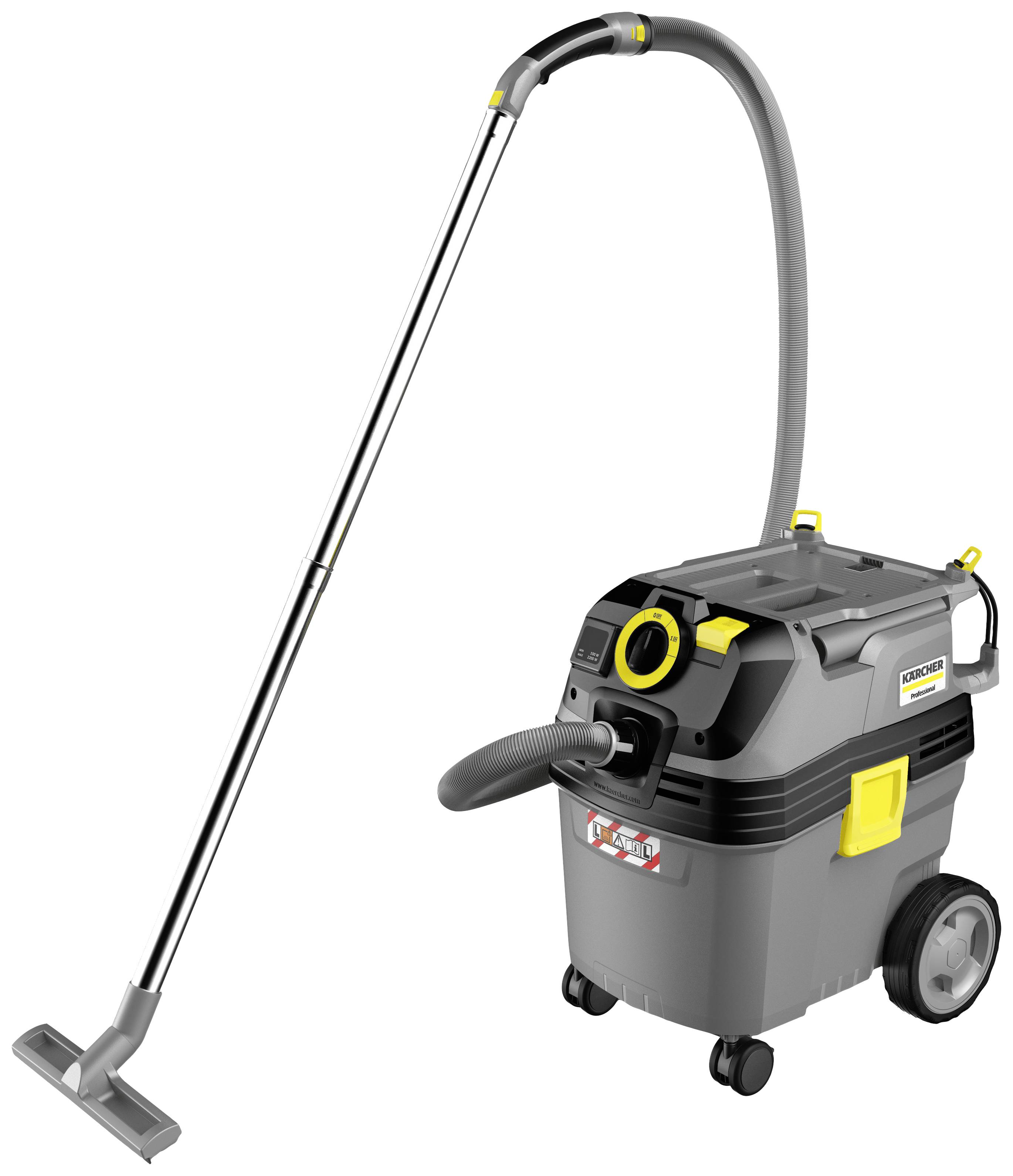 Ein grauer Industriesauger mit gelben Akzenten, langer Stange und breiter Düse, geeignet zum Reinigen großer Flächen.