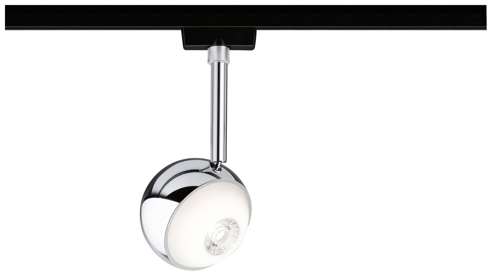 Chromfarbene Kugelleuchte an Schiene montiert, mit moderner Lichtquelle und schlichtem Design. Ideal zur gezielten Beleuchtung.