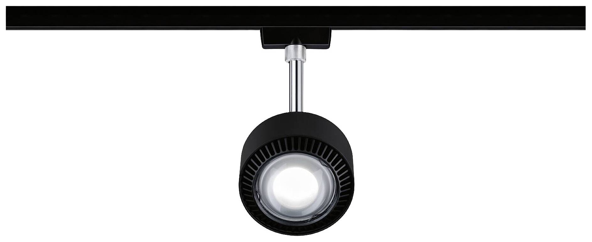 Ein schwarzes Schienenbeleuchtungssystem mit rundem, schwenkbarem LED-Spot. Geeignet für zielgerichtete Beleuchtung.