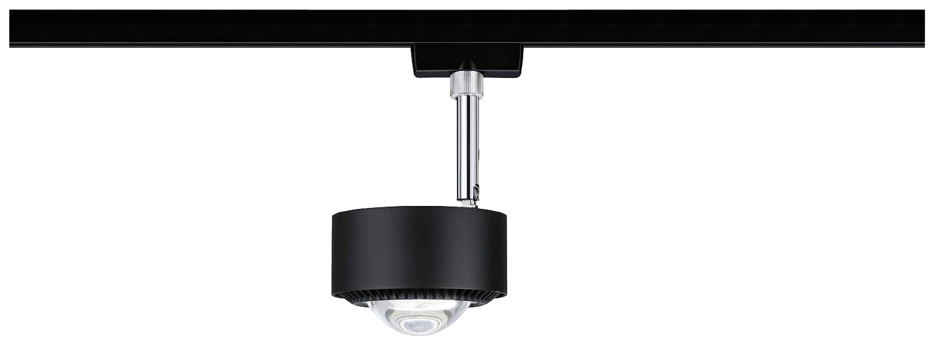 Eine moderne, schwarze Schienenleuchte mit zylindrischem Design ist an einer Decke montiert. Sie dient zur gezielten Beleuchtung.