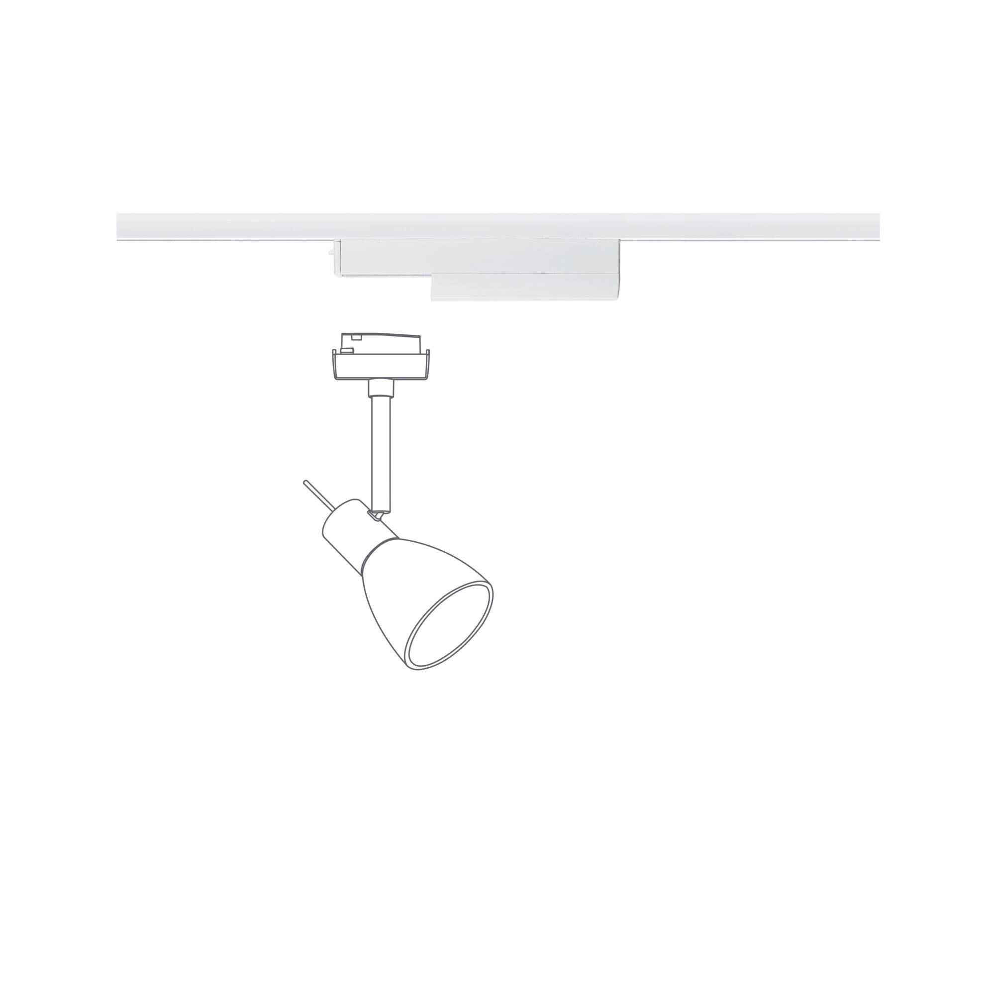 Deckenleuchte mit modernem, minimalistischem Design; weißer Schirm, schwenkbar, zur gezielten Beleuchtung von Räumen.