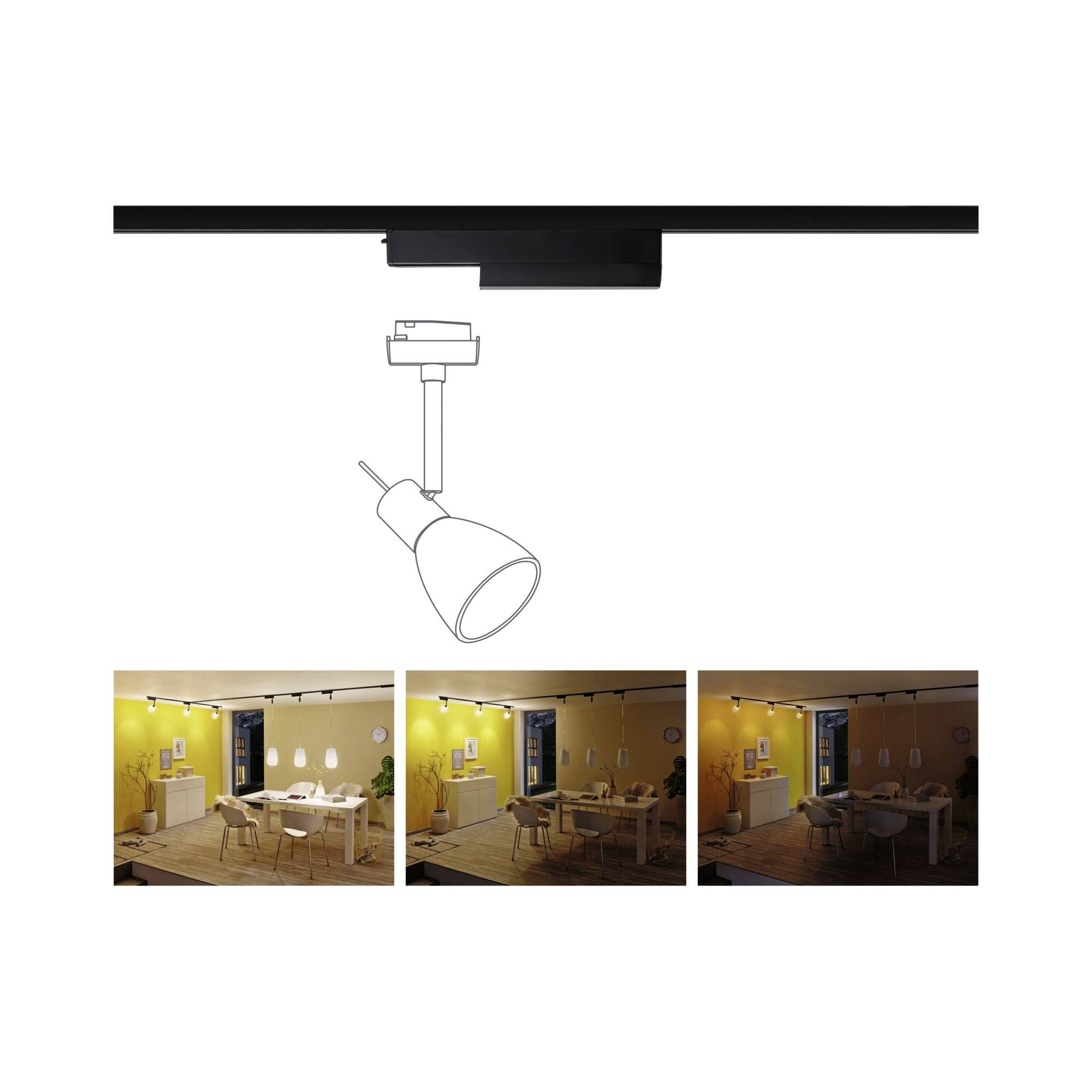 Track-Lichtsystem mit einem an der Decke montierten spotartigen Strahler. Unten drei Bilder zeigen verschiedene Beleuchtungsszenarien eines Raumes.