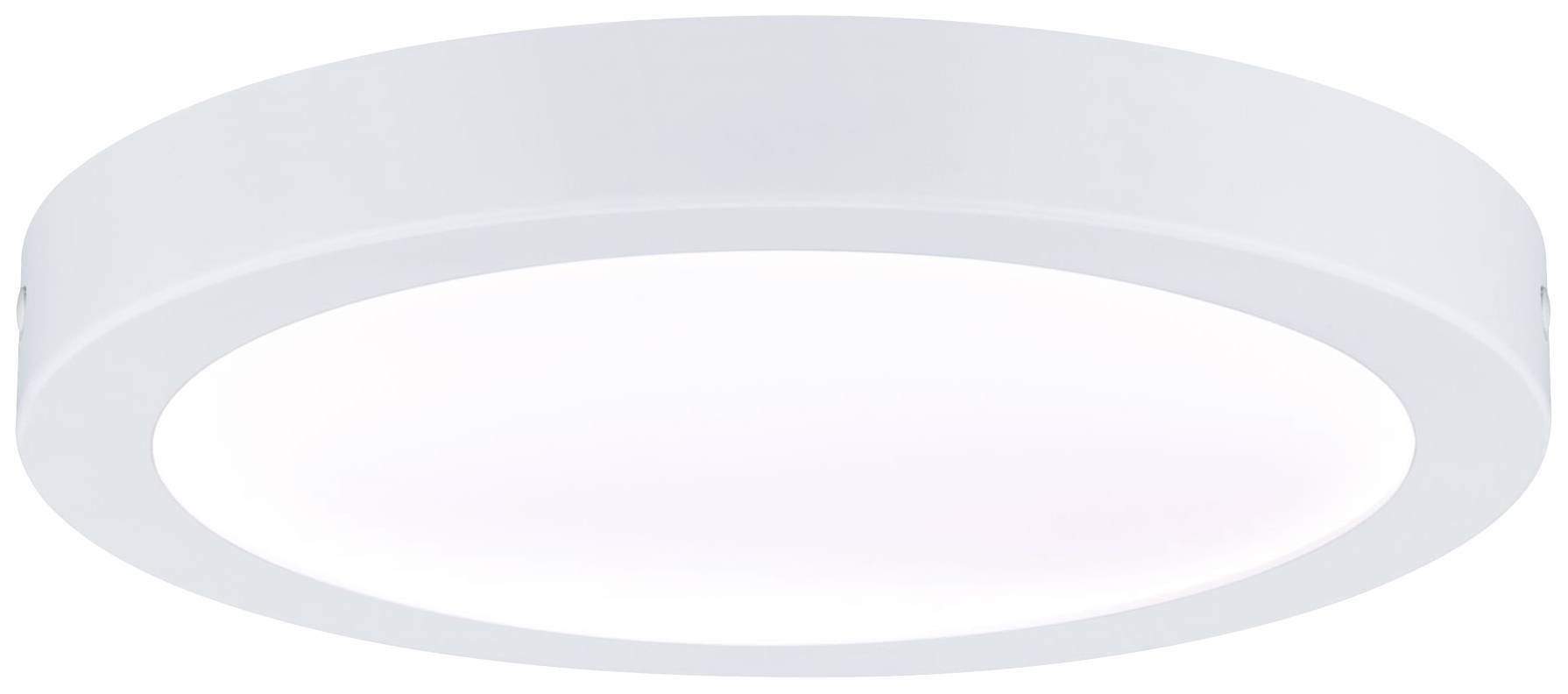 Weiße, runde LED-Deckenleuchte mit einfachem, modernem Design. Sie hat eine flache Form und sorgt für gleichmäßige Ausleuchtung eines Raumes.