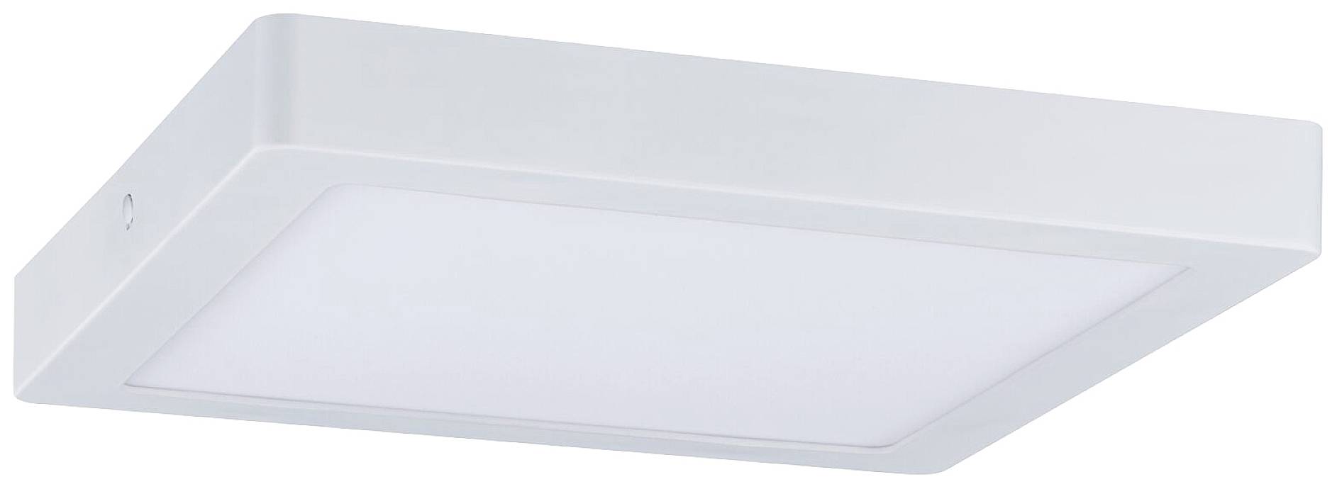 Eine weiße quadratische Deckenleuchte mit flacher Bauweise. Sie hat ein schlichtes Design und eignet sich für moderne Innenräume.