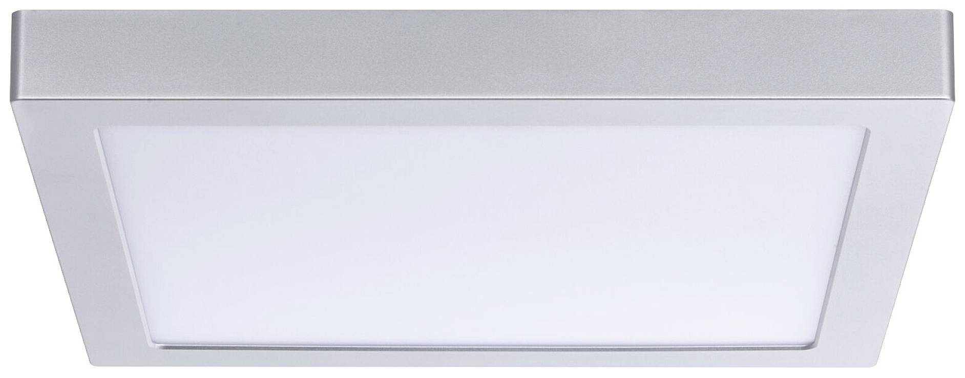 Flache, quadratische Deckenleuchte mit silbernem Rahmen und milchiger Abdeckung, geeignet für moderne Innenräume.