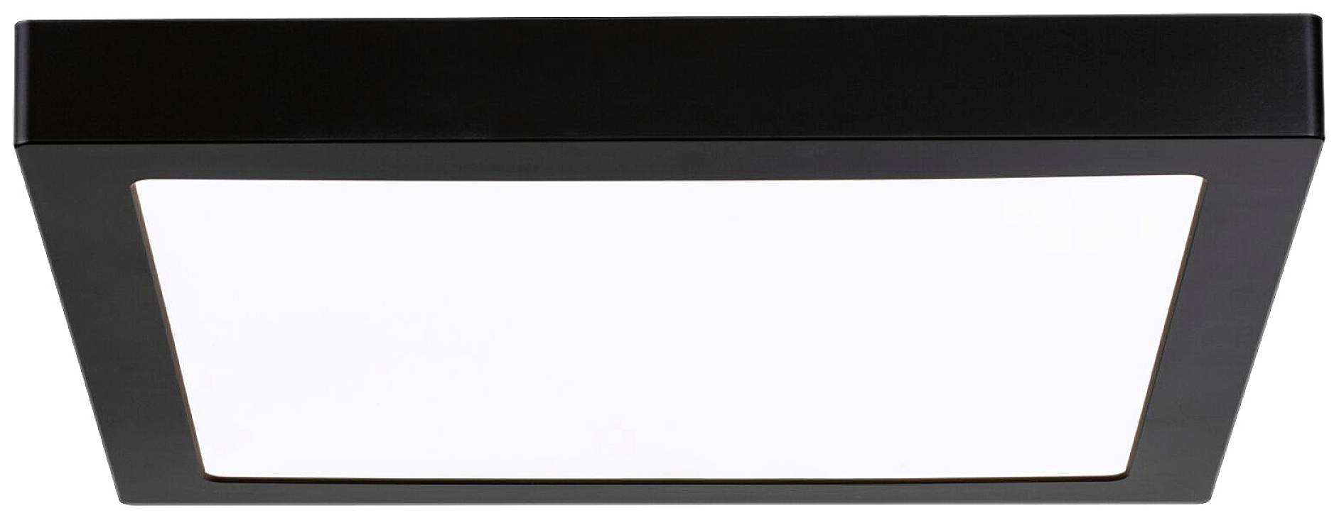 Schwarze, quadratische Deckenleuchte mit weiß leuchtender Fläche. Modernes Design für Innenbeleuchtung.