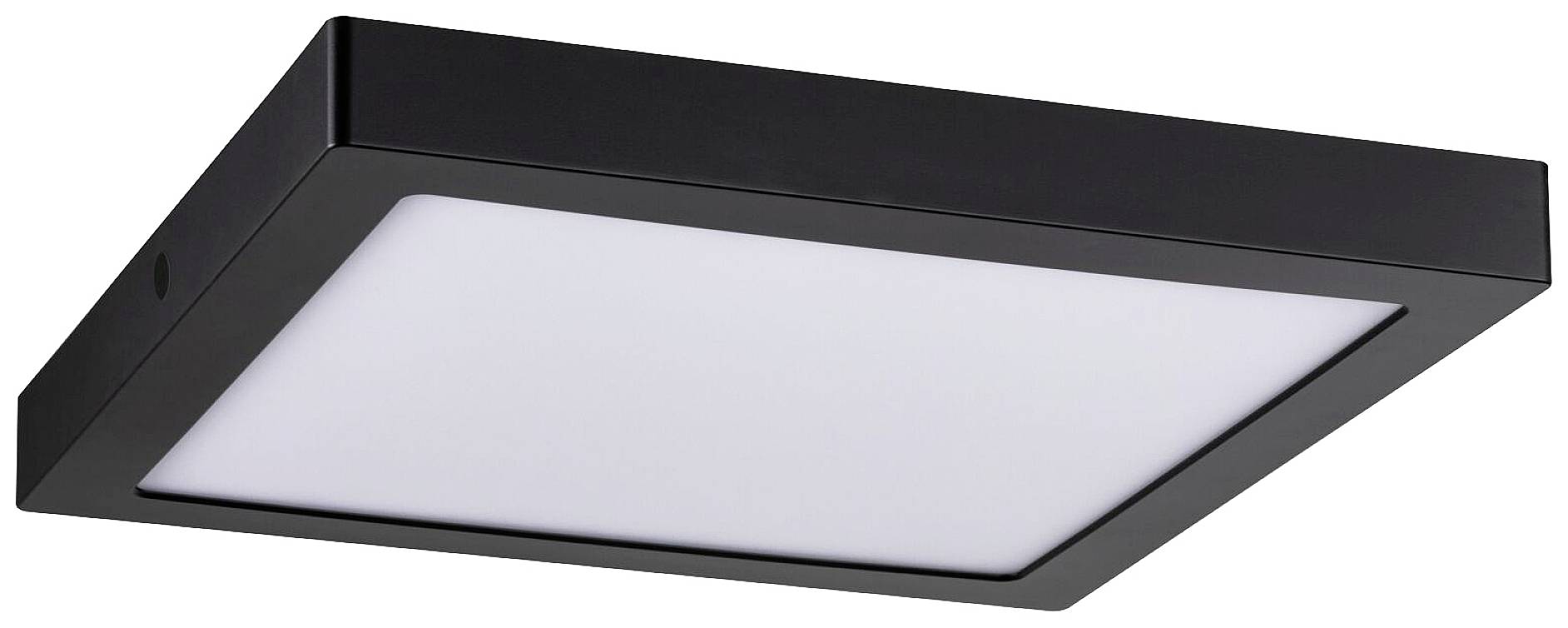 Quadratische, flache schwarze Deckenleuchte mit weißer Leuchtfläche, geeignet für moderne Innenräume.