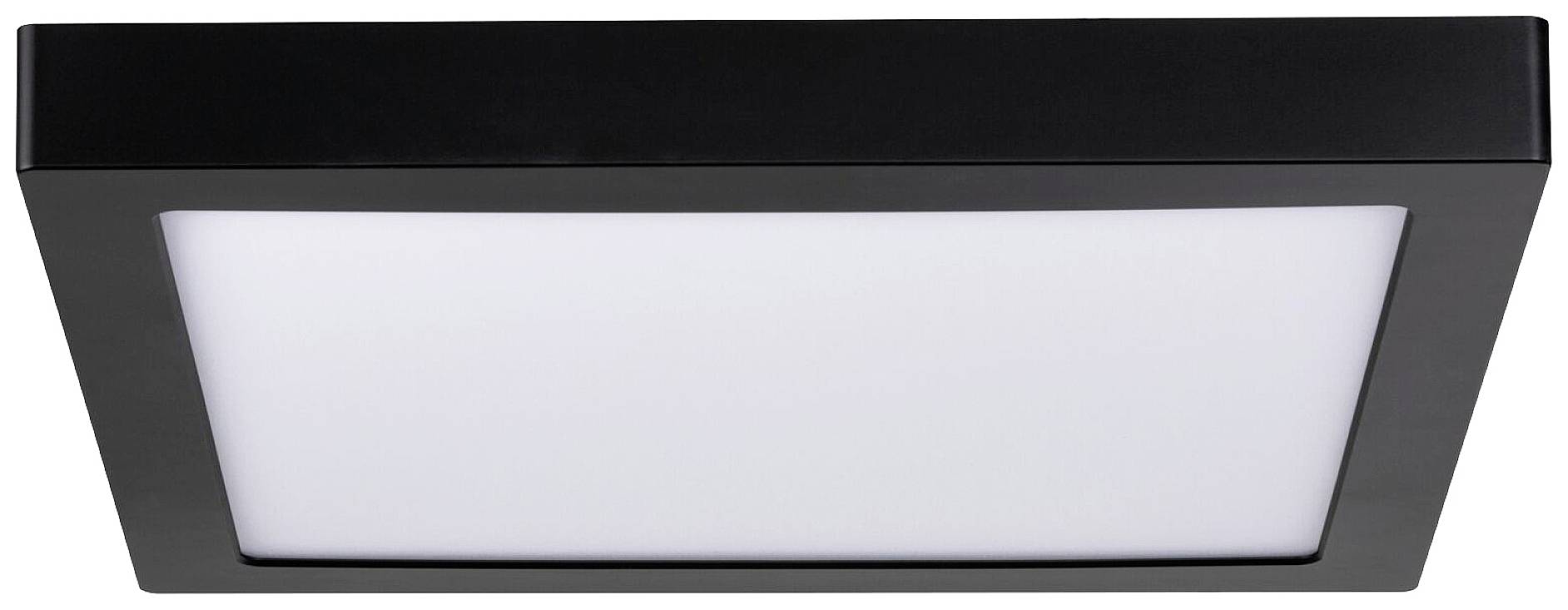 Eine quadratische, schwarze LED-Deckenleuchte mit weißem Diffusor, geeignet für moderne Innenräume.