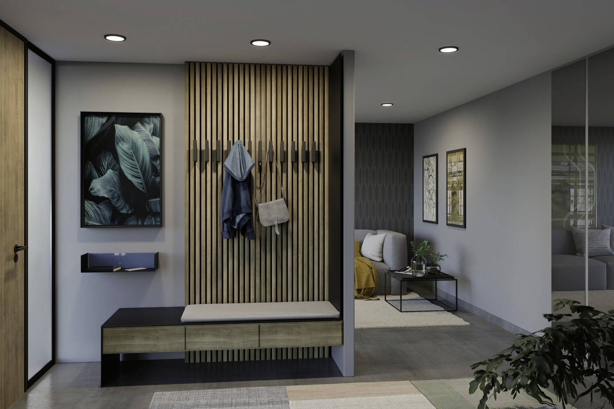 Moderner Eingangsbereich mit Bank, hölzernem Wandpanel und Haken für Kleidung. Kunstwerk und Pflanzen ergänzen das Design.