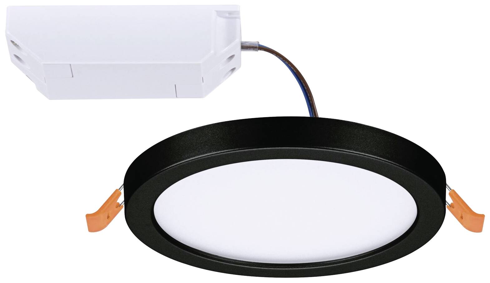 Runde LED-Einbauleuchte mit schwarzem Rand und weißer Leuchtfläche, verbunden mit weißem Netzteil. Geeignet für Deckenmontage.