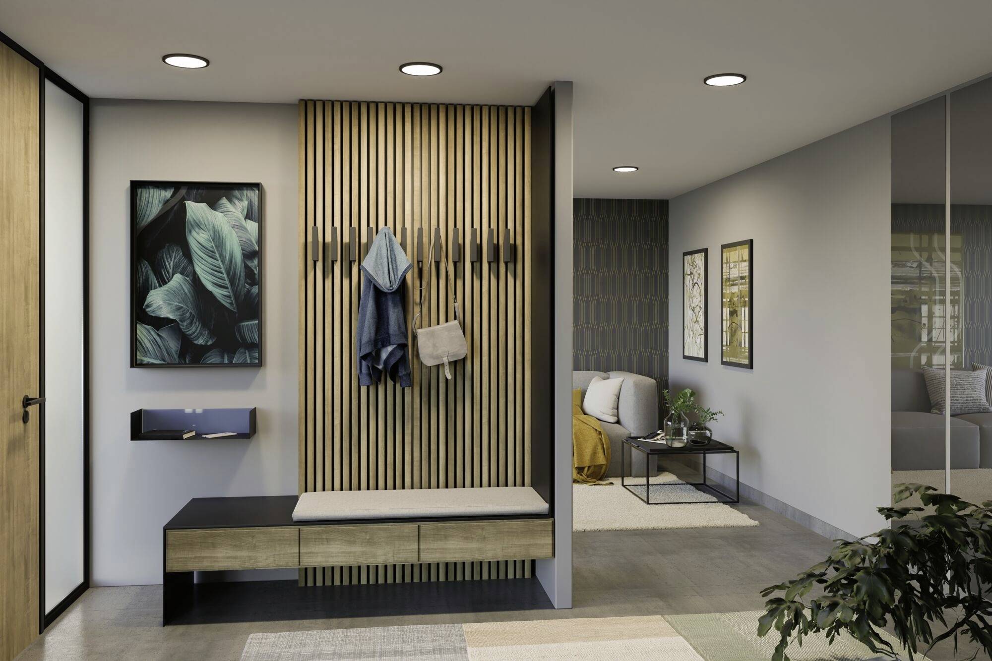 Moderner Eingangsbereich mit Holzlamellenwand, Sitzbank und hängenden Mänteln. Im Hintergrund ein Wohnbereich mit Sofa und Bildern.