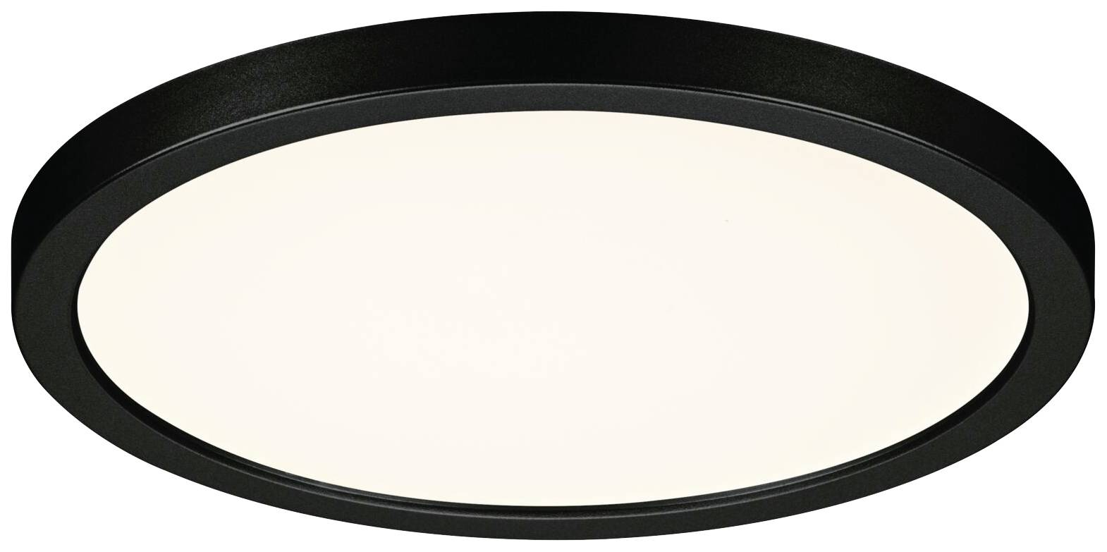 Runde, schwarze Deckenleuchte mit weißer Lichtfläche, die gleichmäßiges Licht ausstrahlt.