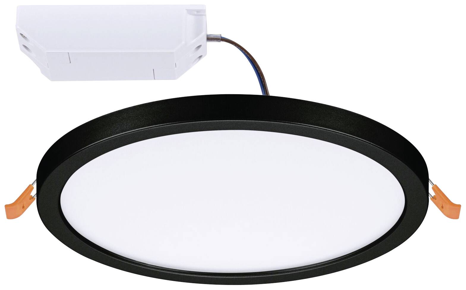 Runde, flache LED-Deckenleuchte in Schwarz mit weißer Lichtfläche, zwei orange-graue Clips und externem Netzteil oben.