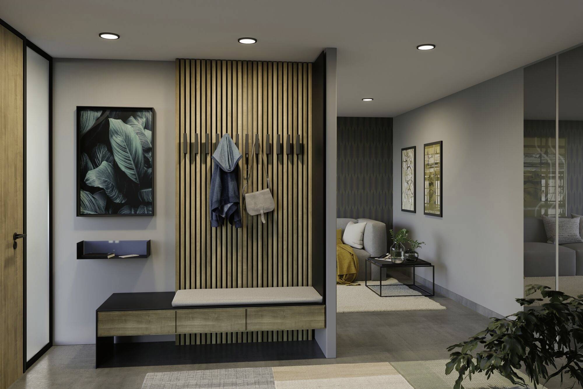 Moderner Eingangsbereich mit Holzvertäfelung, Hakenleiste, minimalistischer Bank und Naturbildern an der Wand.