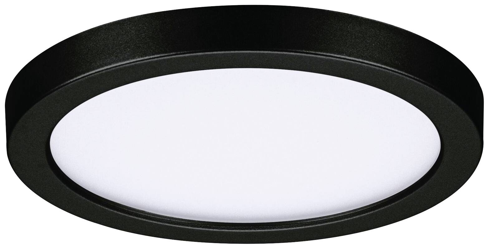 Runde, flache LED-Deckenleuchte mit schwarzem Rahmen und weißer Abdeckung.