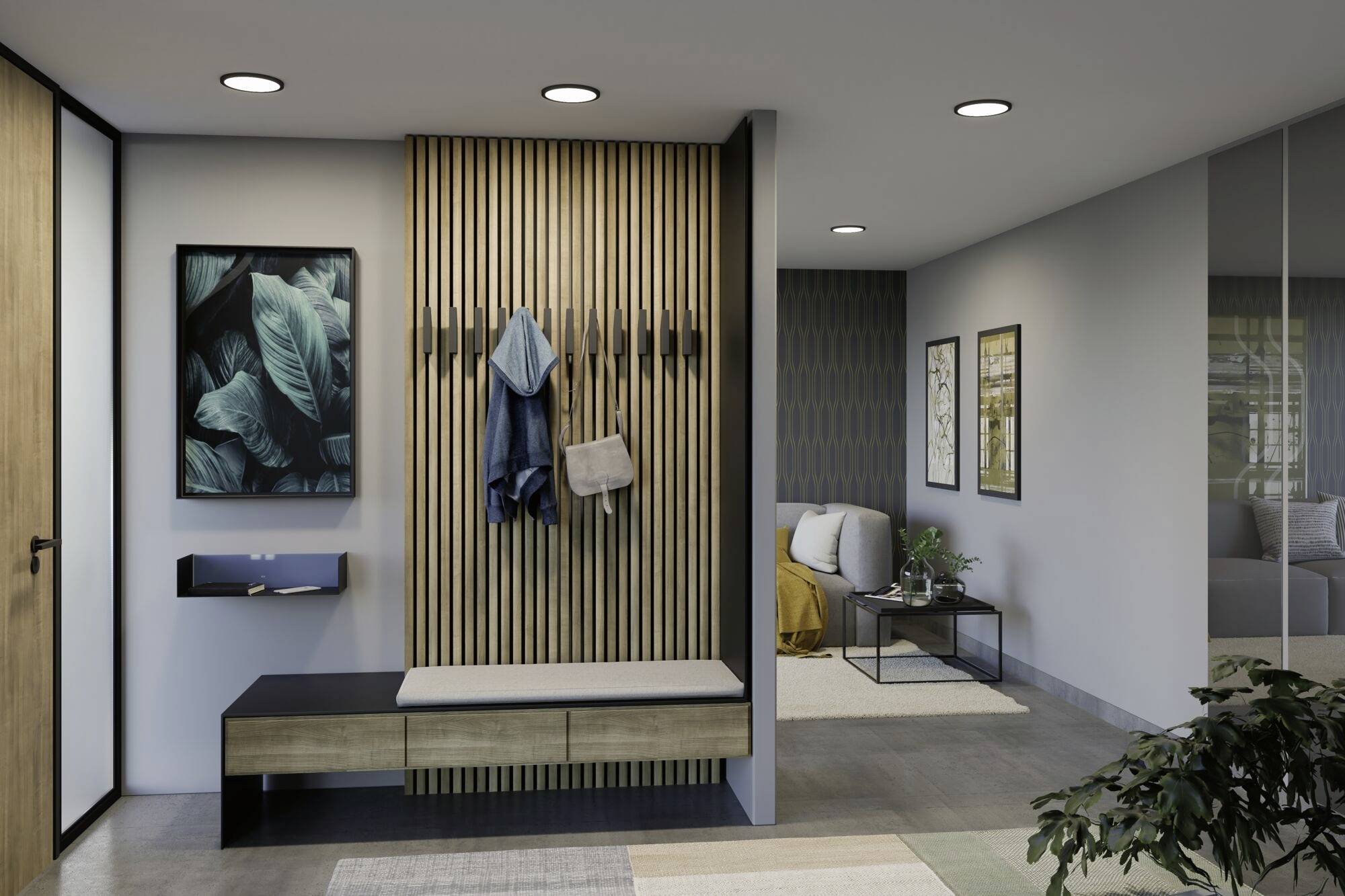 Moderner Eingangsbereich mit Holzverkleidung, Wandhaken, und gepolsterter Sitzbank. Kunstwerk, Jacke und Tasche an der Wand.
