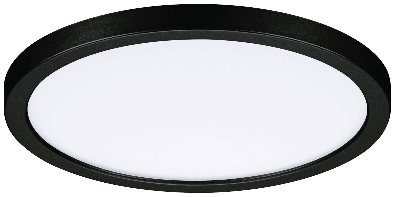 Eine runde, schwarze LED-Deckenlampe mit weißem Diffusor, die gleichmäßiges Licht verteilt und für eine moderne Raumbeleuchtung sorgt.