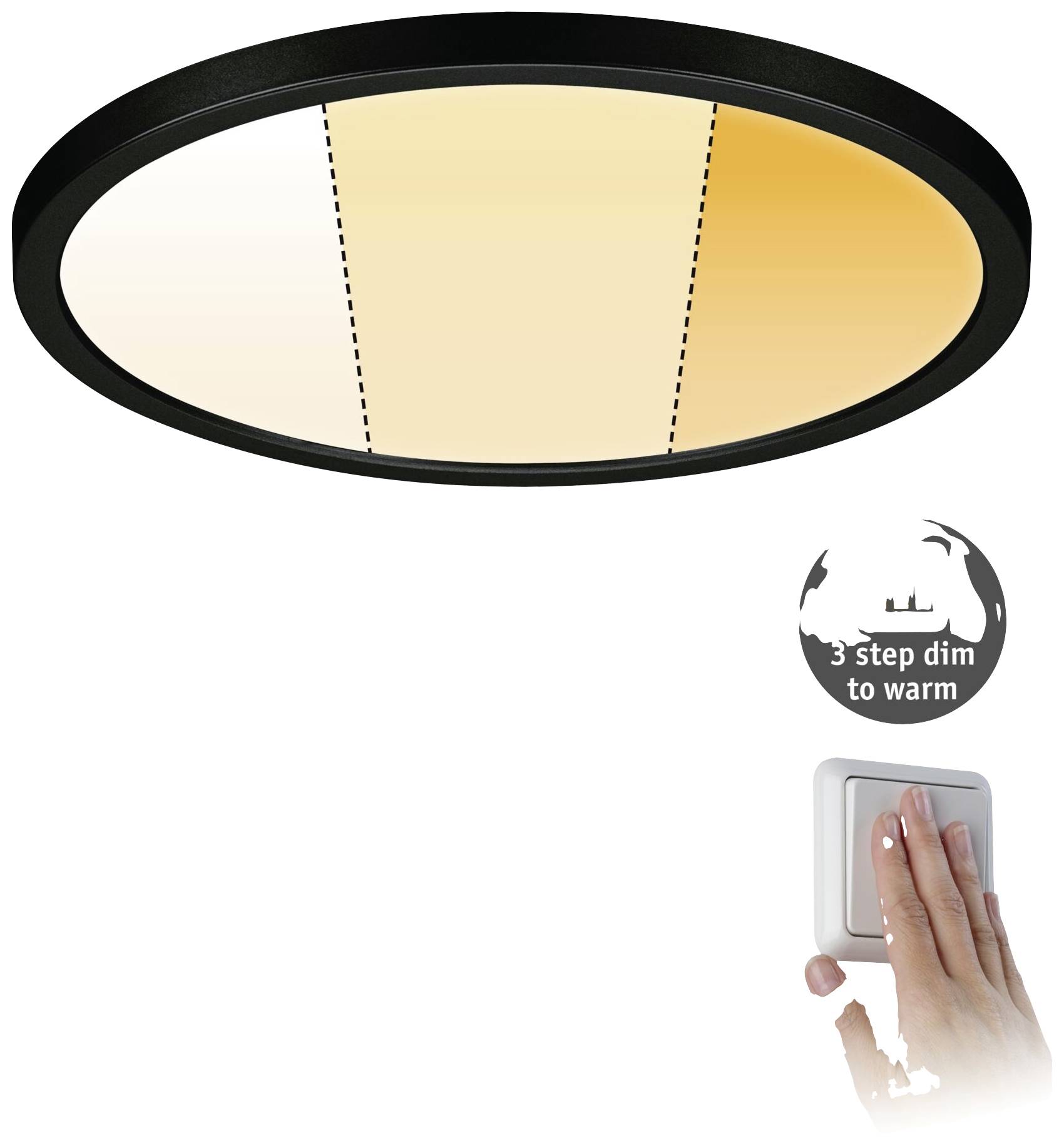 Runde Deckenleuchte mit stufenloser Dimmbarkeit von hell zu warm. Zeigt Hand am Dimmschalter und Text '3 step dim to warm'.