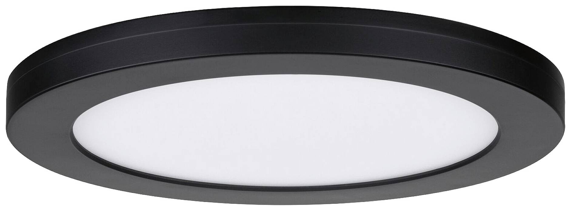 Schwarze runde LED-Deckenleuchte mit weißer Lichtfläche.