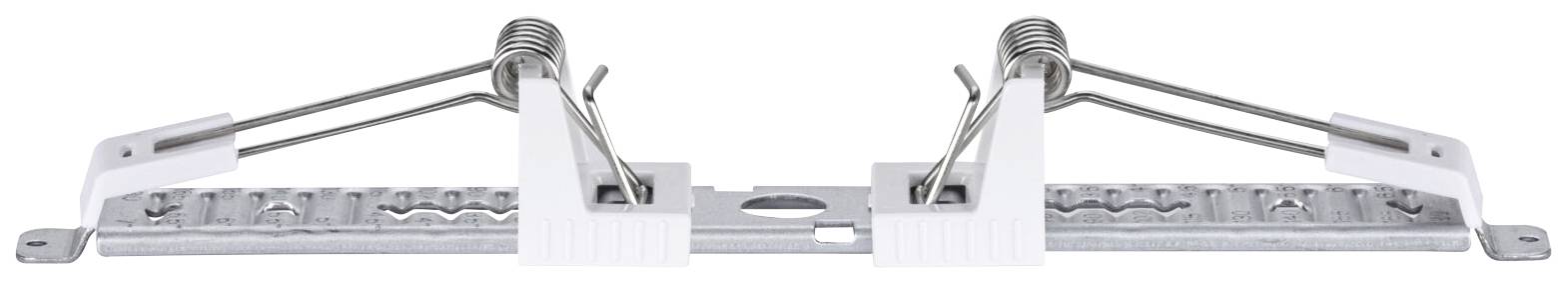 Federklammermechanismus aus Metall, mit zwei Federn und Klammern, oft zur Befestigung von Leuchten in Deckenplatten verwendet.