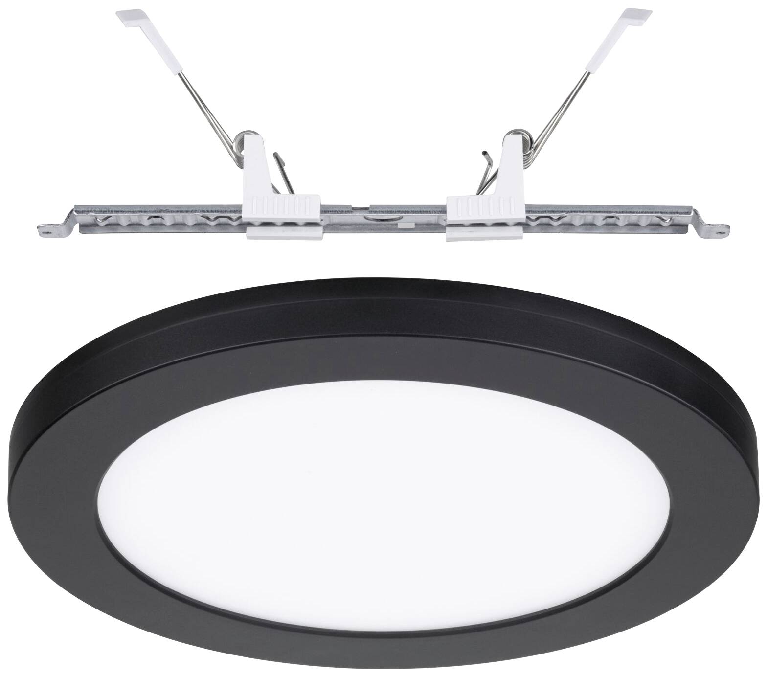 Runde, schwarze Deckenleuchte mit weißem Leuchtbereich, daneben Montageschiene mit zwei Federclips.