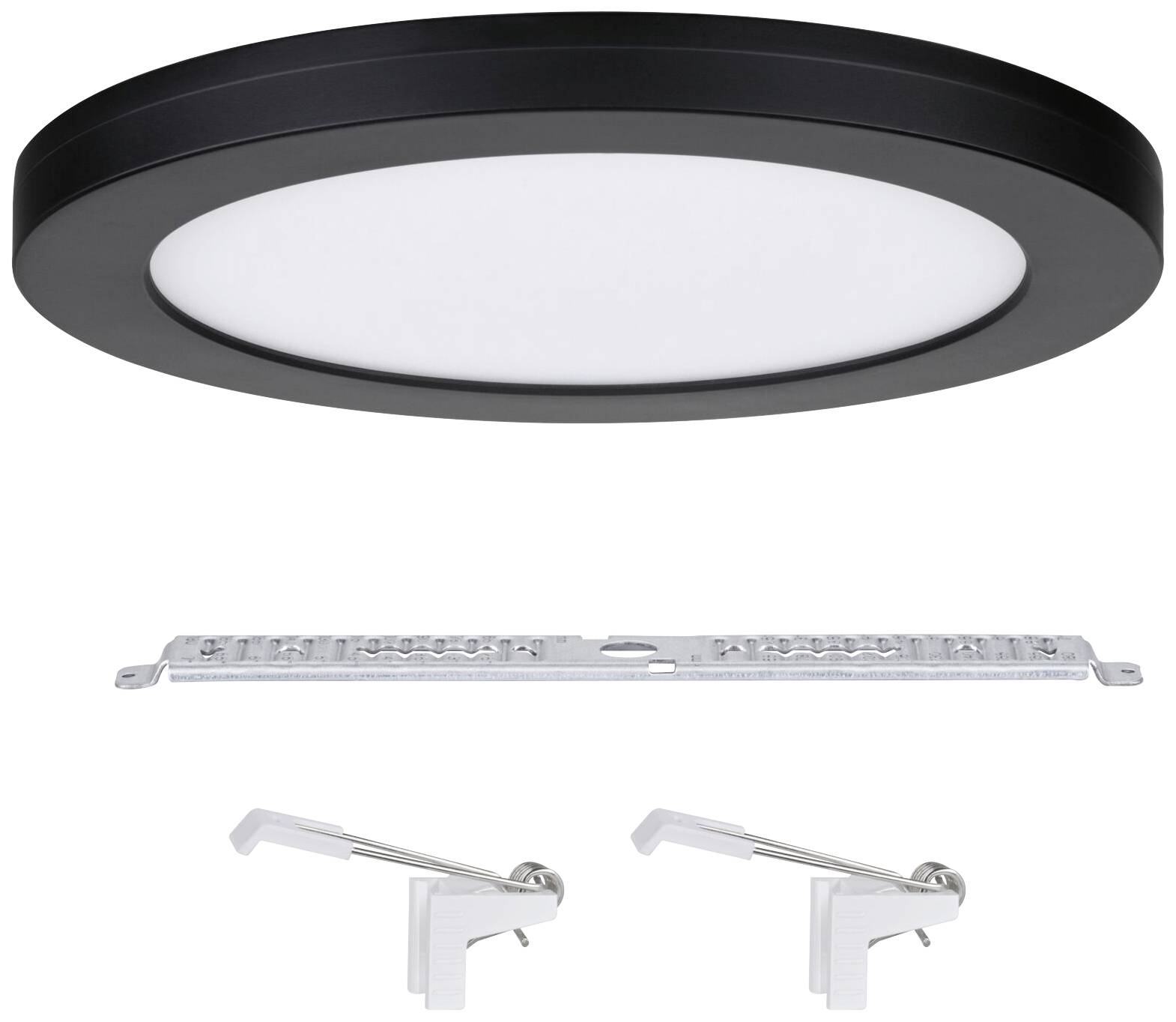 Runde schwarze LED-Deckenleuchte mit weißer Leuchtfläche. Zwei Montageschellen und eine Metallhalterung liegen daneben.