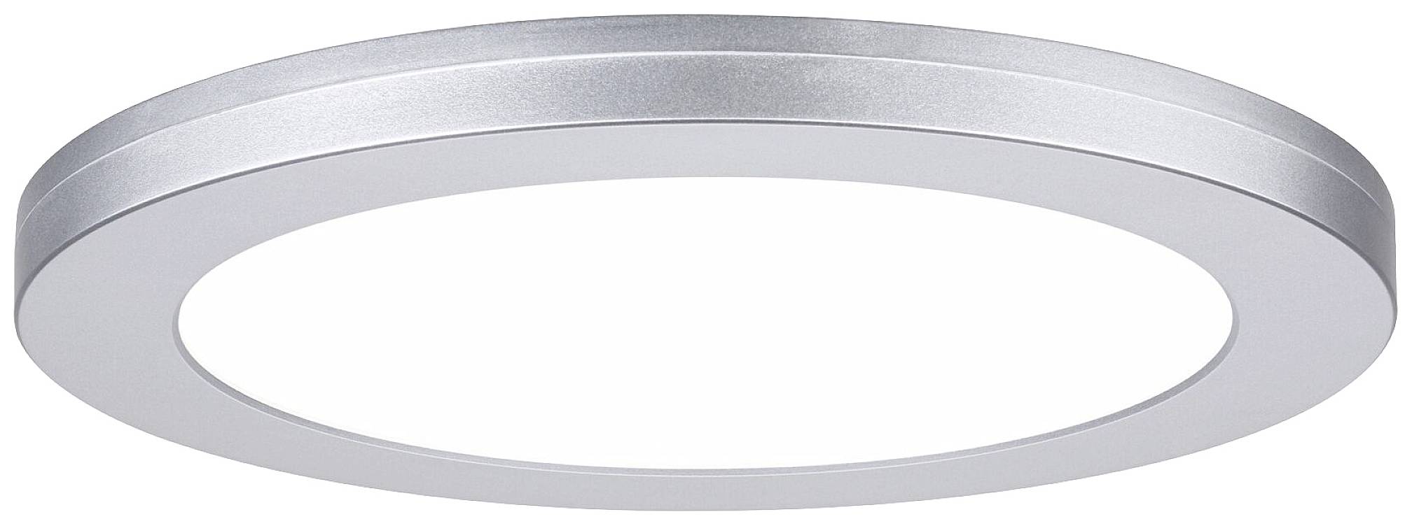 Eine runde, flache LED-Deckenleuchte mit silbernem Rahmen, die modern und minimalistisch wirkt. Geeignet für Innenräume.