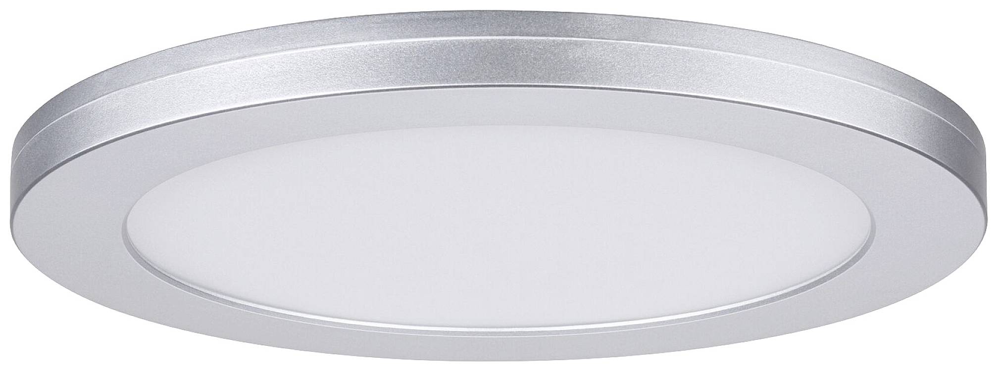 Runde, silberne Deckenleuchte mit weißem Diffusor, geeignet für moderne Innenräume. Dezent und funktional im Design.