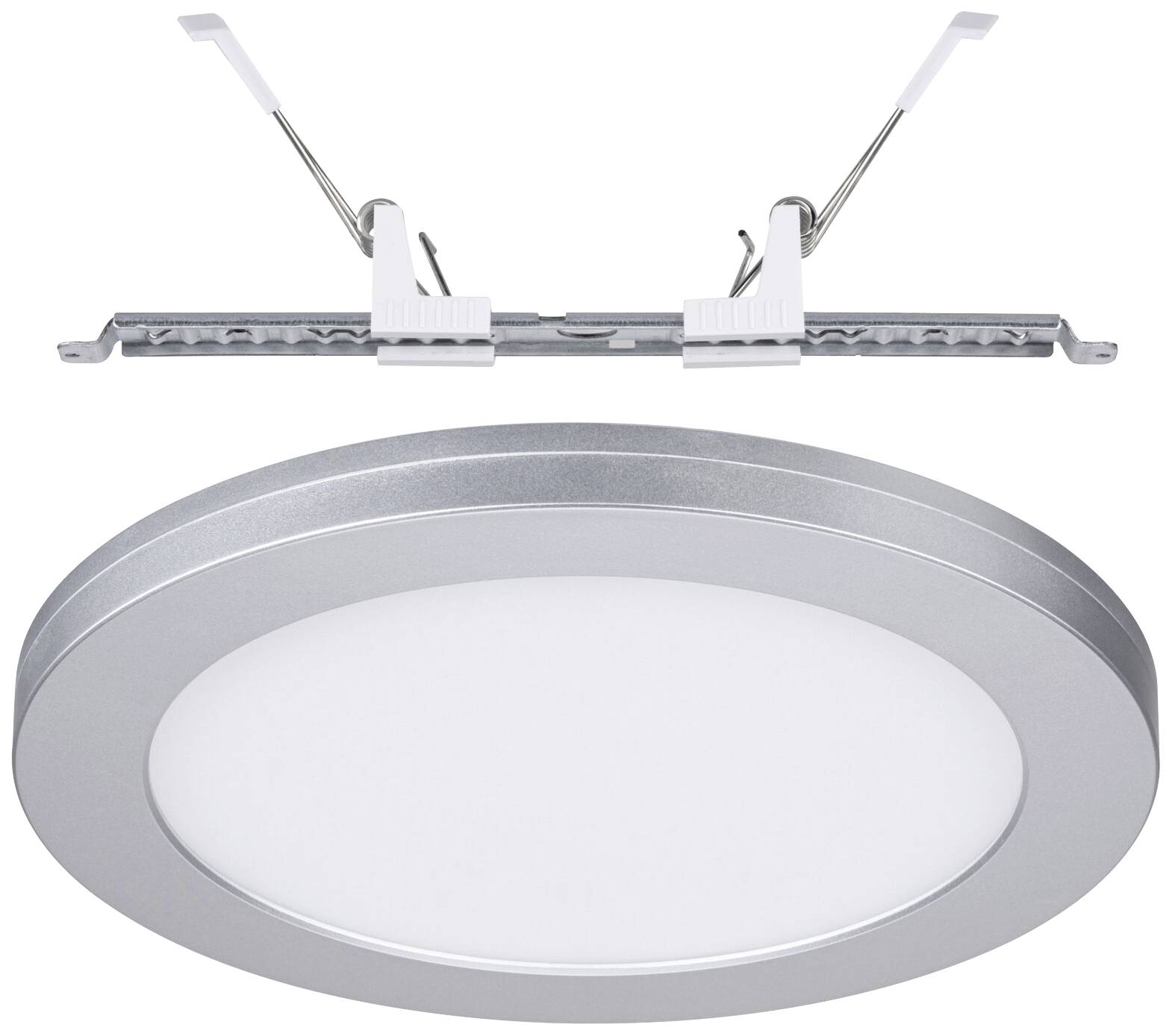 Runde Deckenleuchte mit silbernem Rahmen, darunter eine Halteklammer zur Befestigung an der Decke.