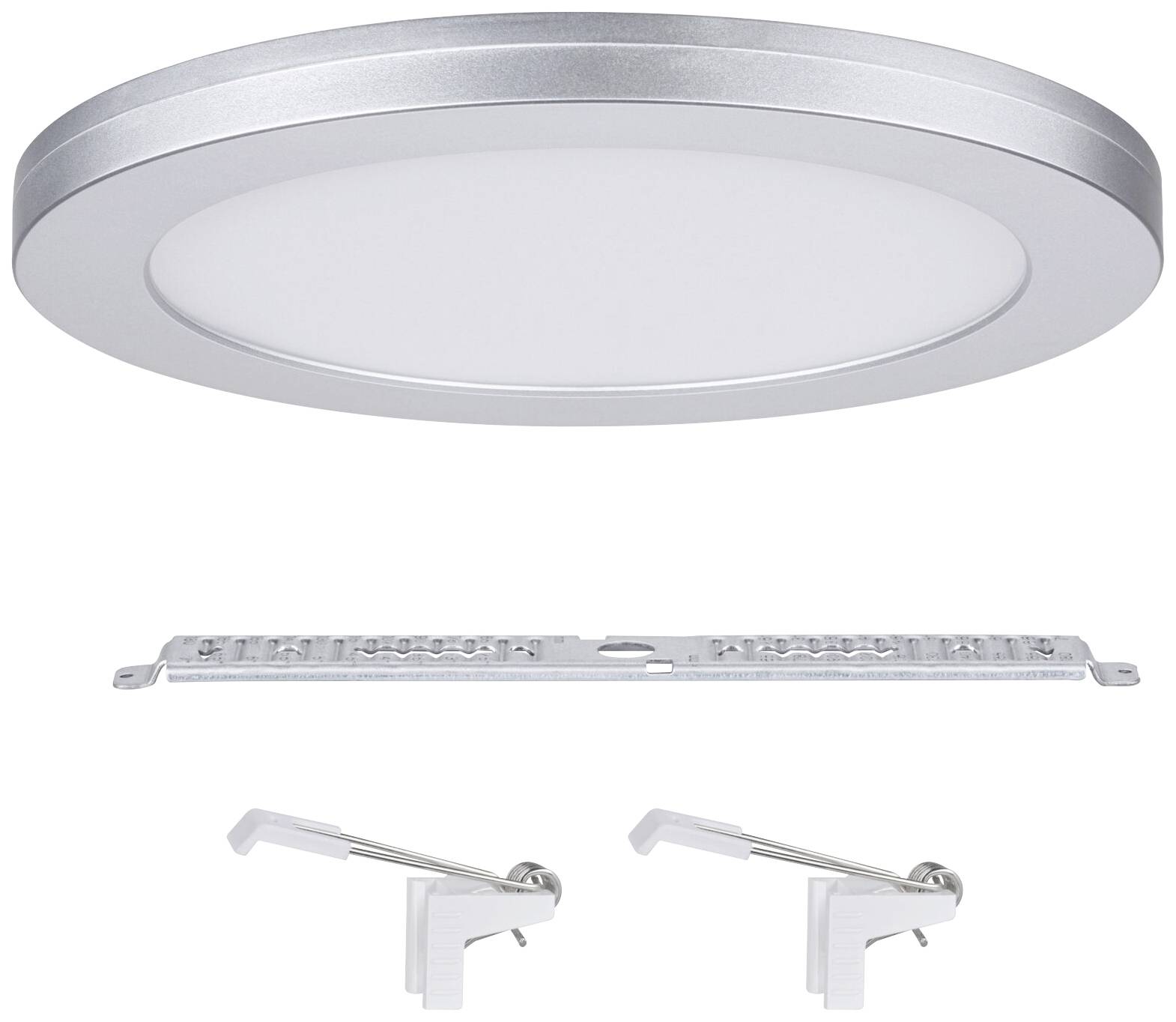 Das Bild zeigt eine runde, silberne LED-Deckenleuchte mit Zubehörteilen, darunter eine Halterung und zwei Befestigungsclips.