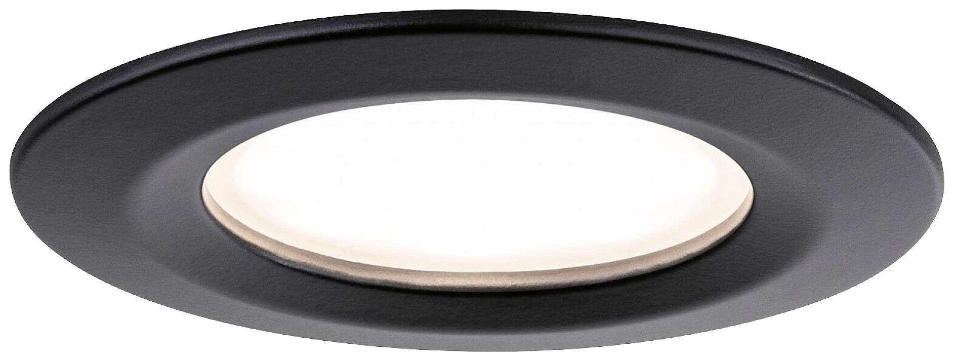 Schwarze Einbauleuchte mit rundem Design und diffuser, weißer Lichtabdeckung. Modernes, schlichtes Erscheinungsbild für Deckenmontage.