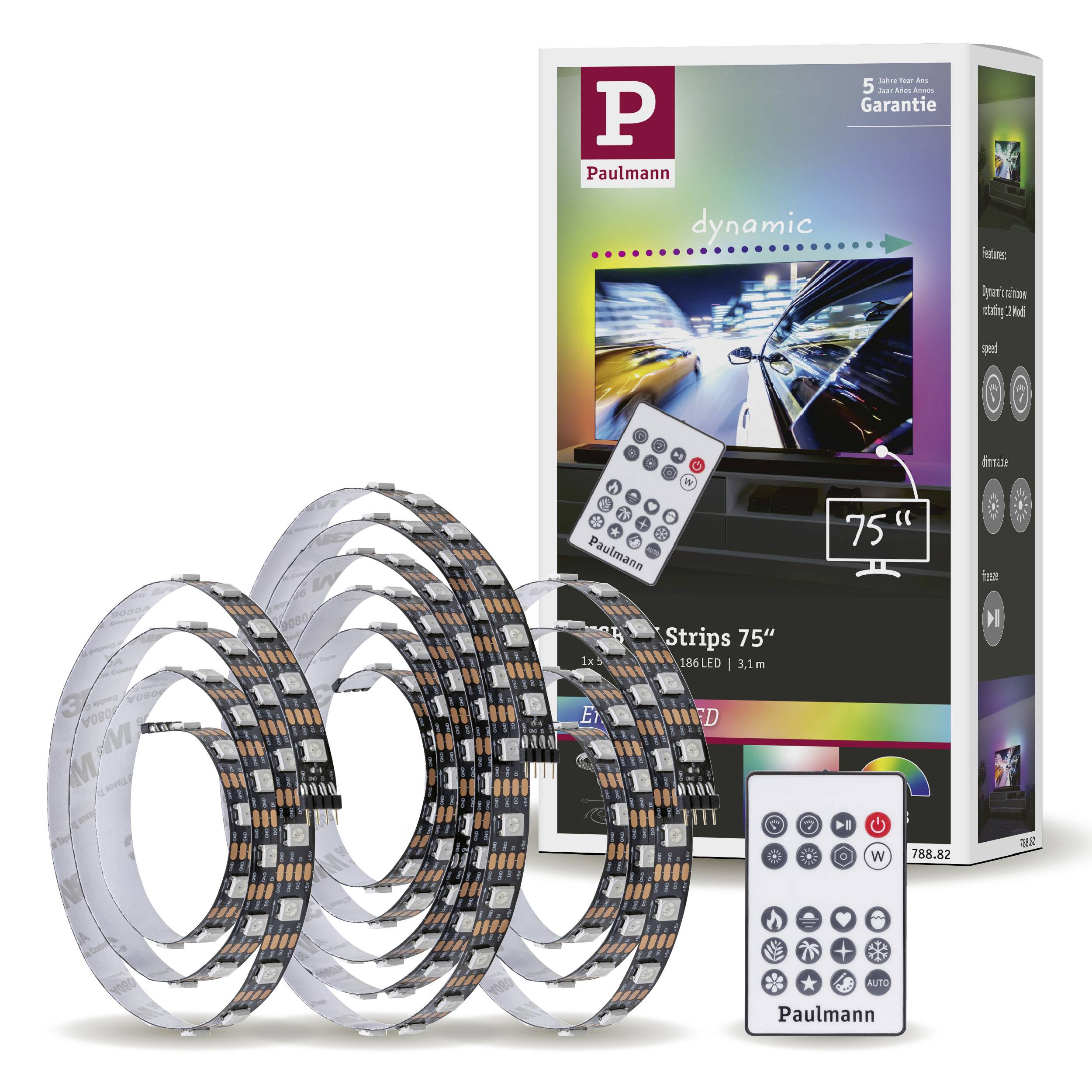 Lichtstreifen-Set mit Fernbedienung, geeignet für TV-Größe bis 75 Zoll. Verpackungsbild mit dynamischen Farben und Autoabbildung.