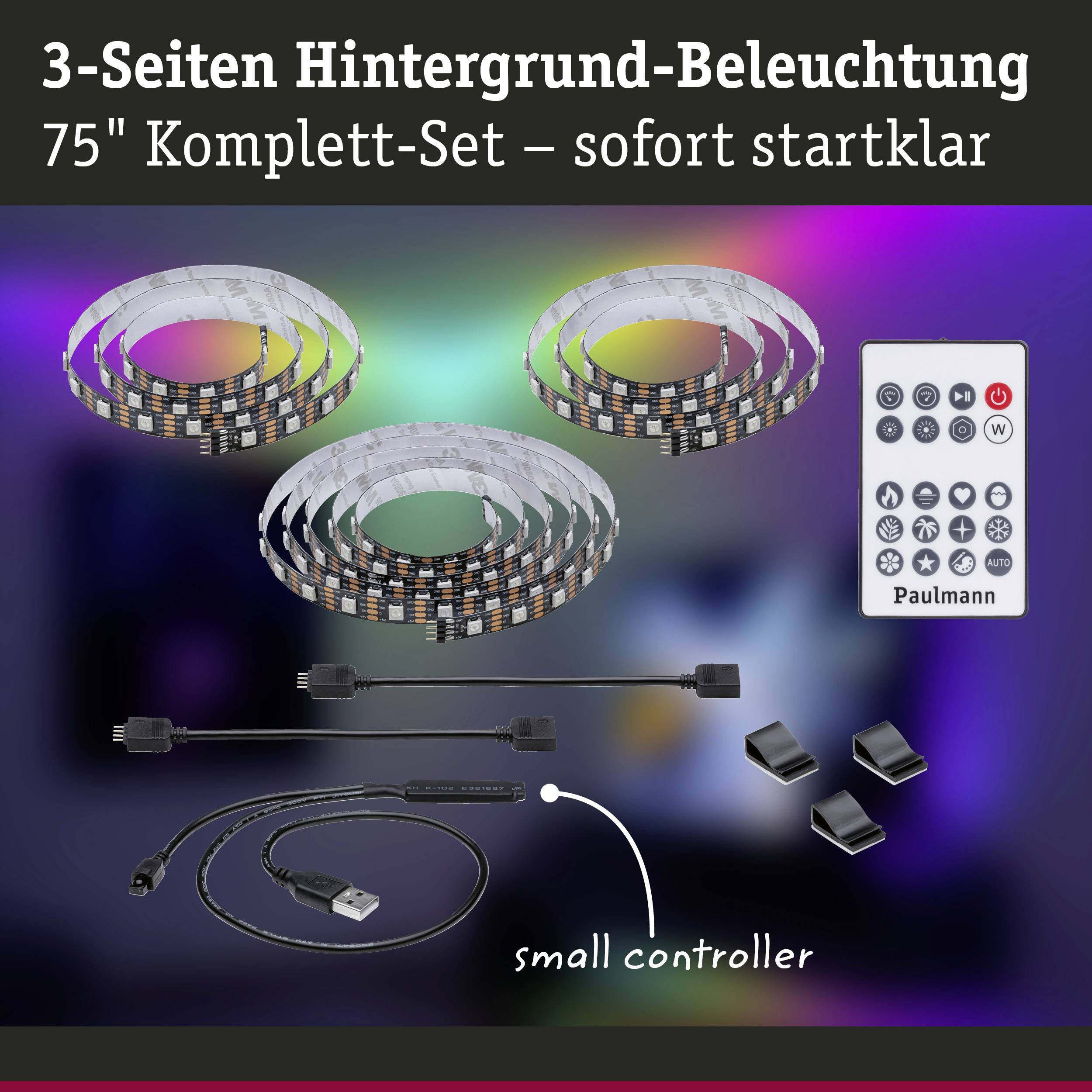 Paulmann TV Strips 75 Zoll 78882 LED-Streifen-Basisset mit USB-Anschluss 5V 3.1m RGB 1 Set