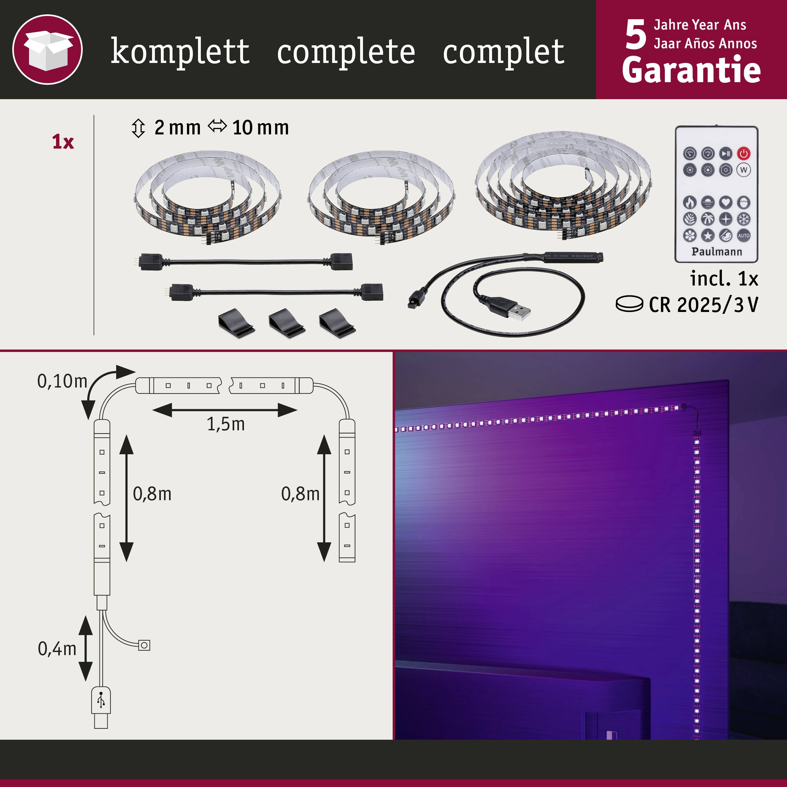 Paulmann TV Strips 75 Zoll 78882 LED-Streifen-Basisset mit USB-Anschluss 5V 3.1m RGB 1 Set