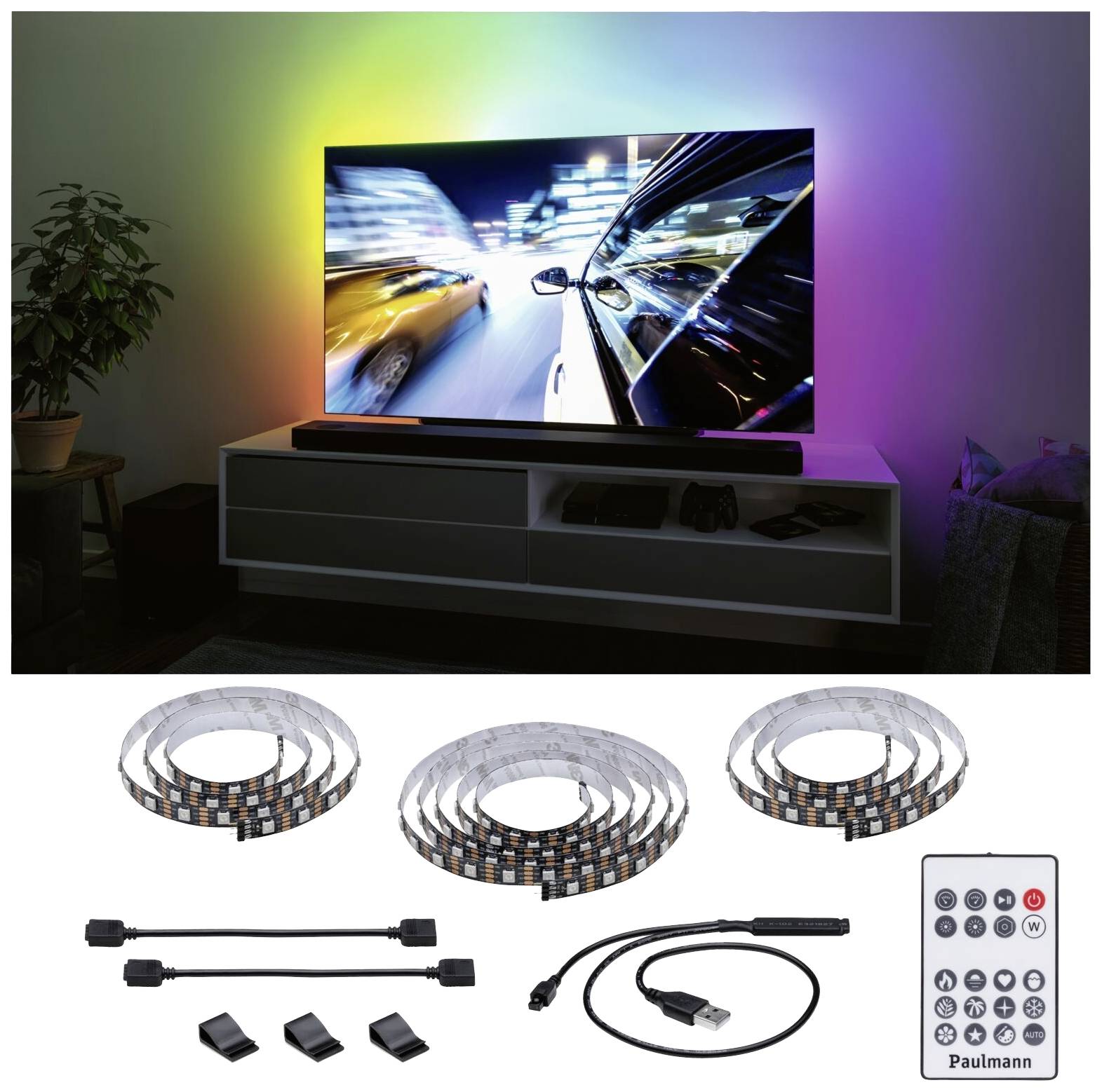 Paulmann TV Strips 75 Zoll 78882 LED-Streifen-Basisset mit USB-Anschluss 5V 3.1m RGB 1 Set