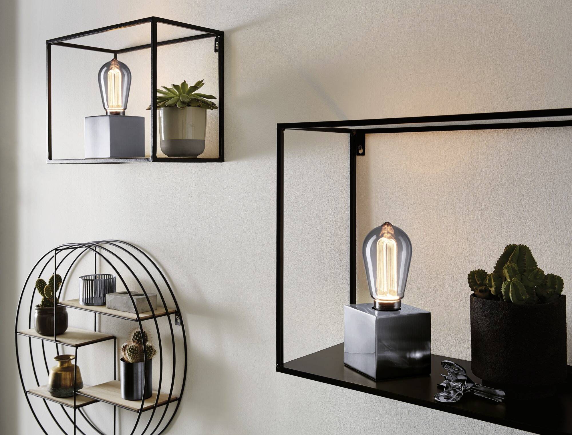 Regale mit dekorativen Lampen und Pflanzen an einer weißen Wand, betont modernes, minimalistisches Design.