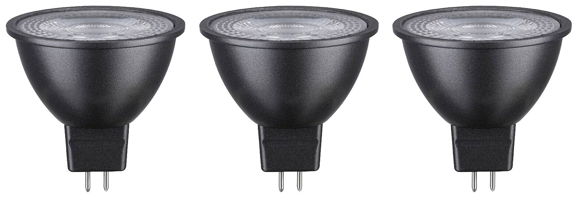 Drei schwarze LED-Spotlampen in einer Reihe, geeignet für GU10 Fassungen, vor weißem Hintergrund dargestellt.