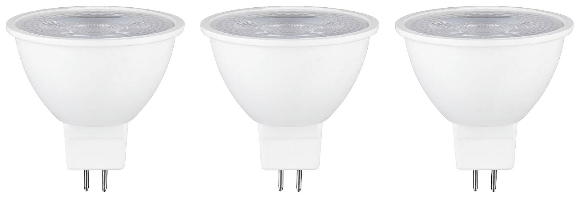 Drei weiße LED-Glühbirnen mit GU10-Fassung nebeneinander, seitliche Ansicht. Ideal für energieeffiziente Beleuchtung.