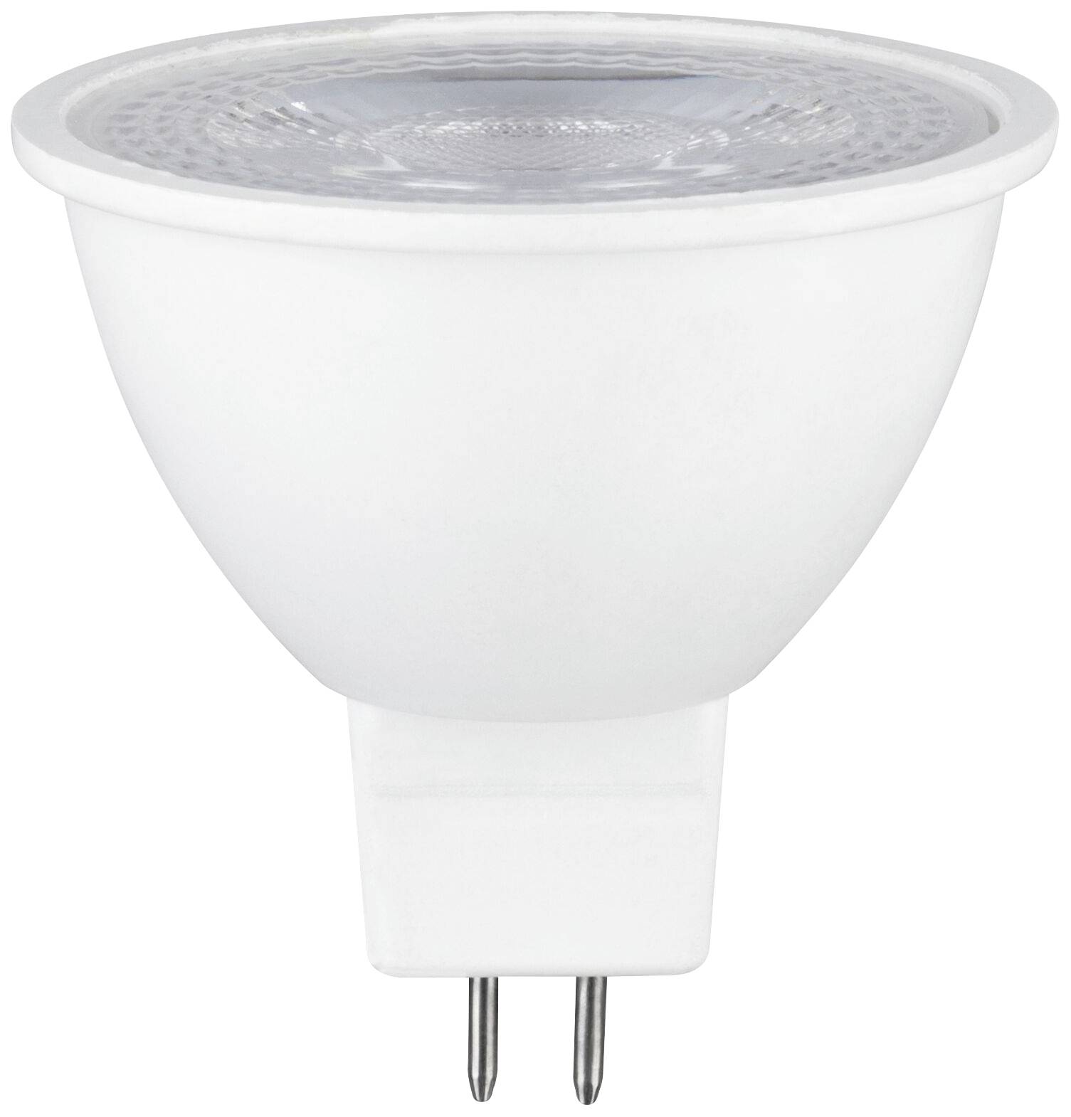 LED-Spotlight in typischer Glühlampenform mit zwei Stiften am Sockel. Weißes Gehäuse, geeignet für Beleuchtungseinsätze.