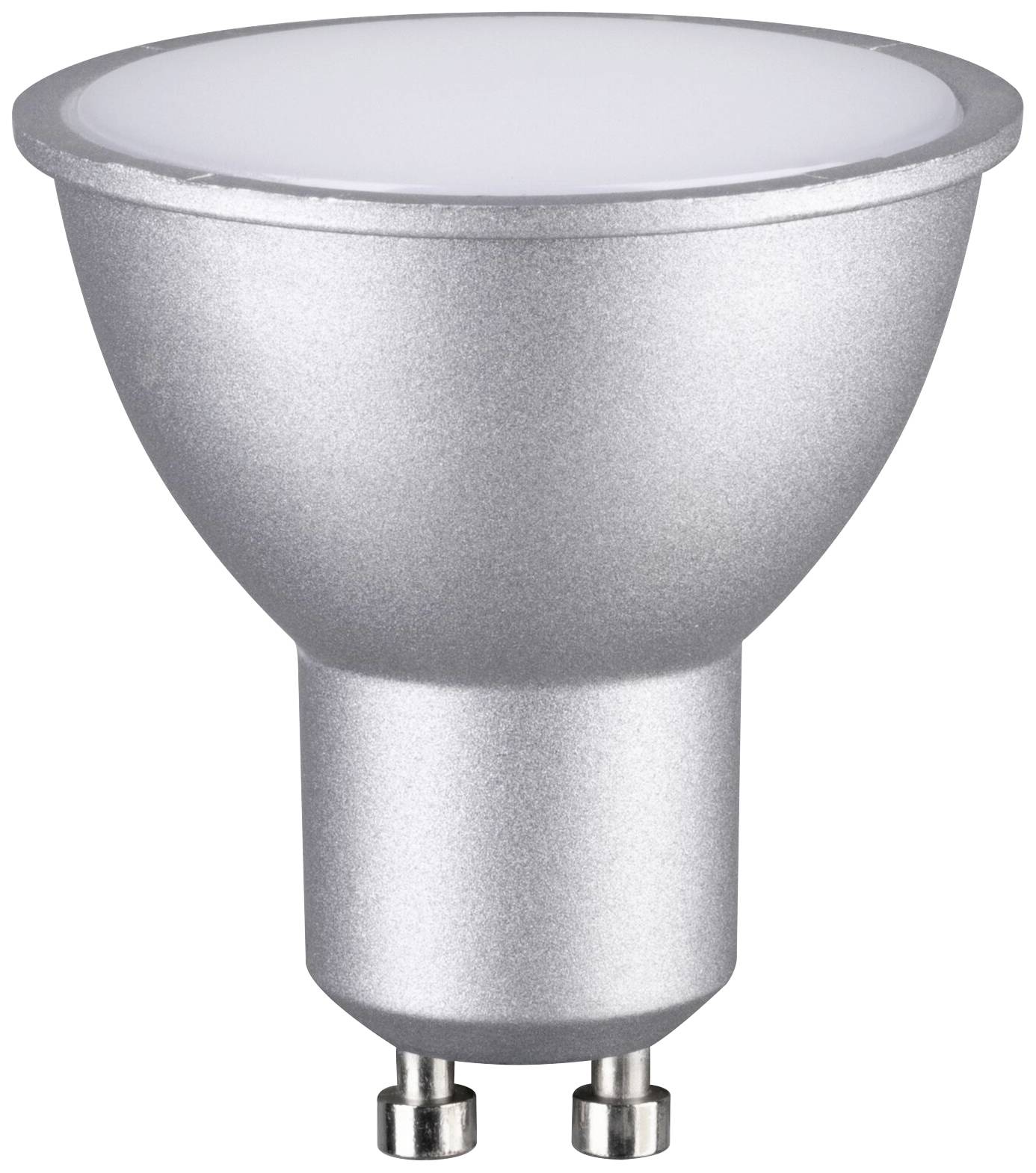 Eine silberne LED-Glühbirne mit GU10-Sockel, geeignet für Decken- und Spotleuchten. Energiesparend und langlebig.