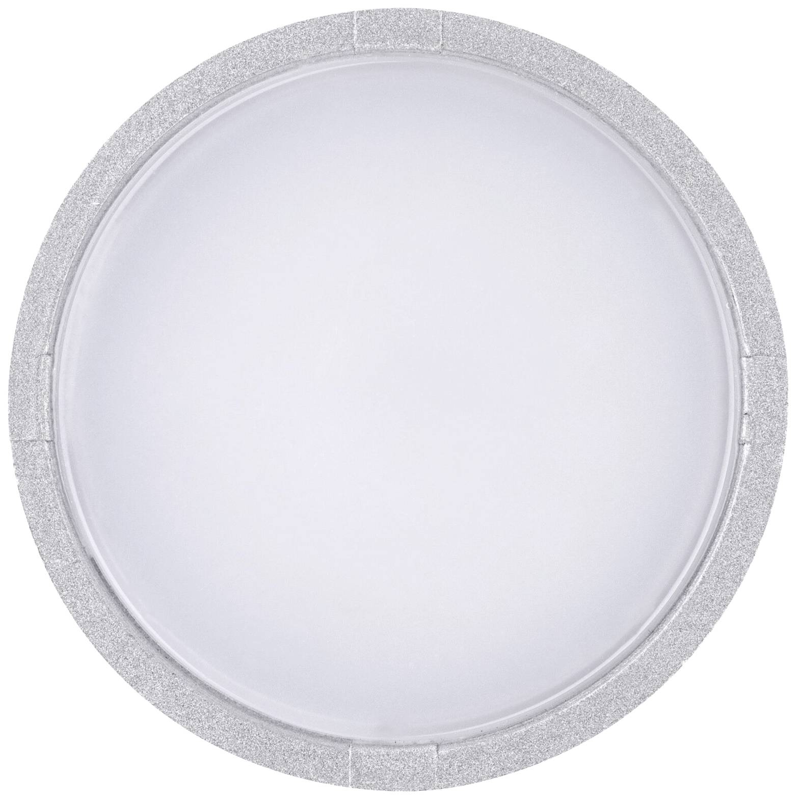 Runde LED-Deckenleuchte mit silbernem Rahmen, strahlt weißes Licht aus. Geeignet für Innenbeleuchtung.