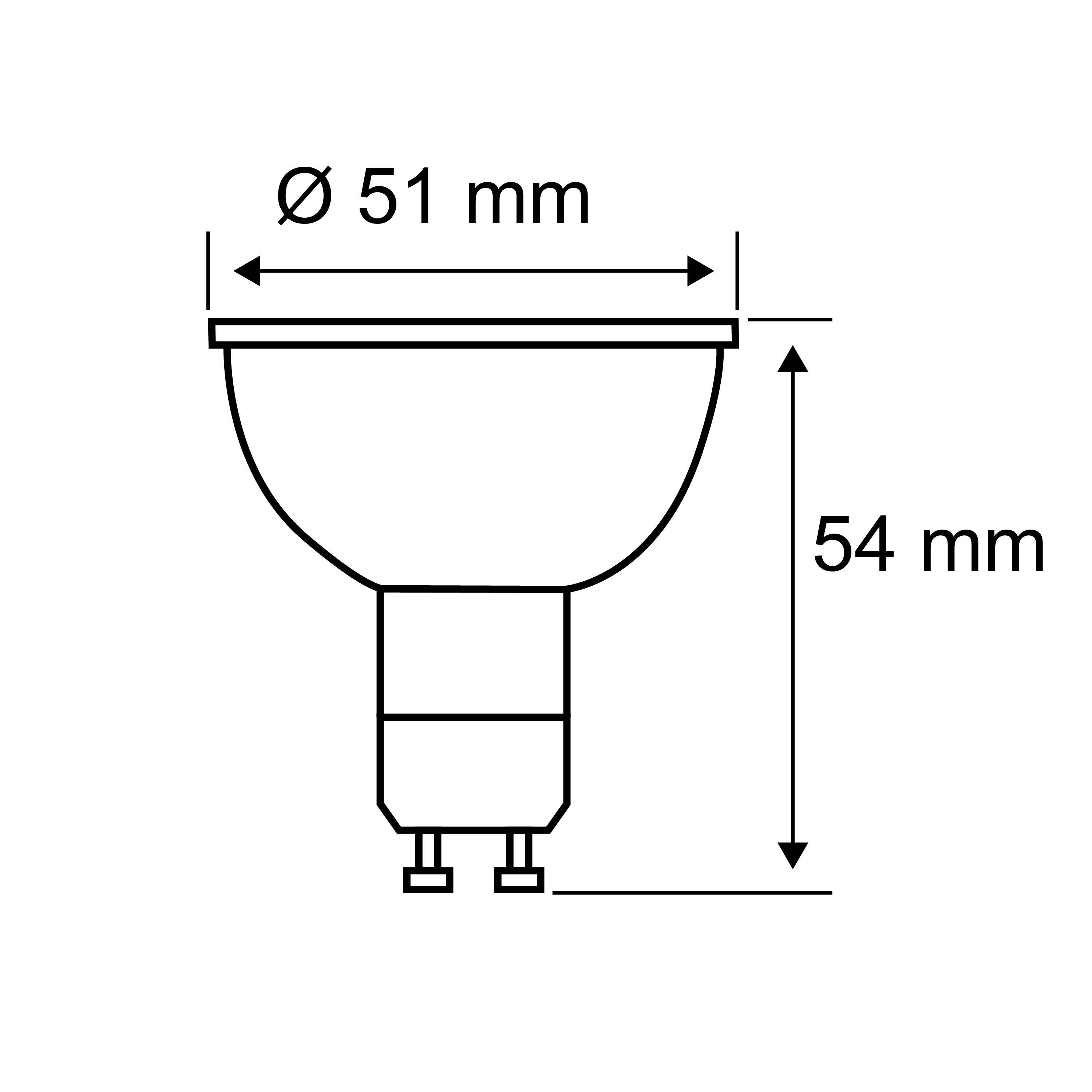 Diagramm einer GU10-LED-Lampe mit einer Breite von 51 mm und einer Höhe von 54 mm.