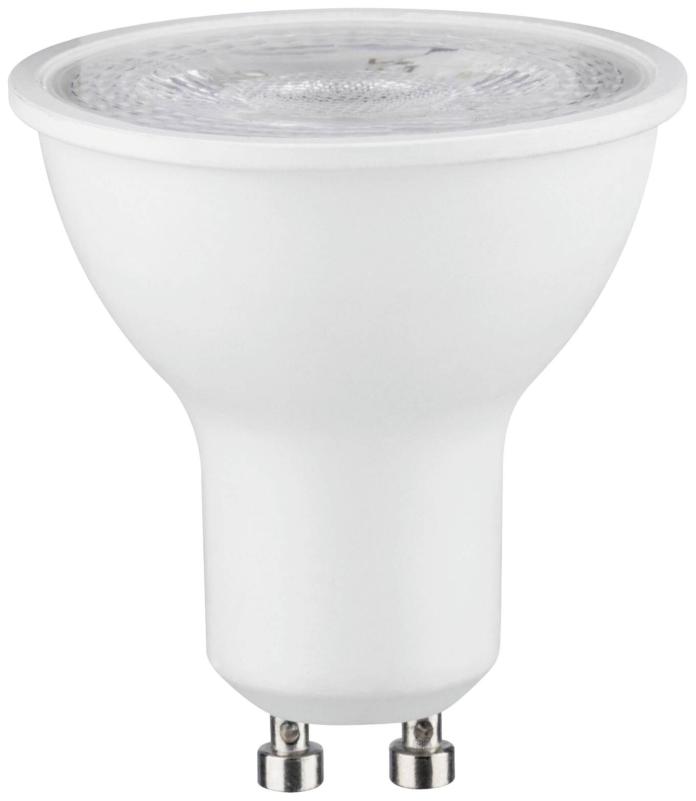 Eine weiße LED-Glühbirne mit GU10-Fassung; energiesparend und häufig für Spotbeleuchtung verwendet.