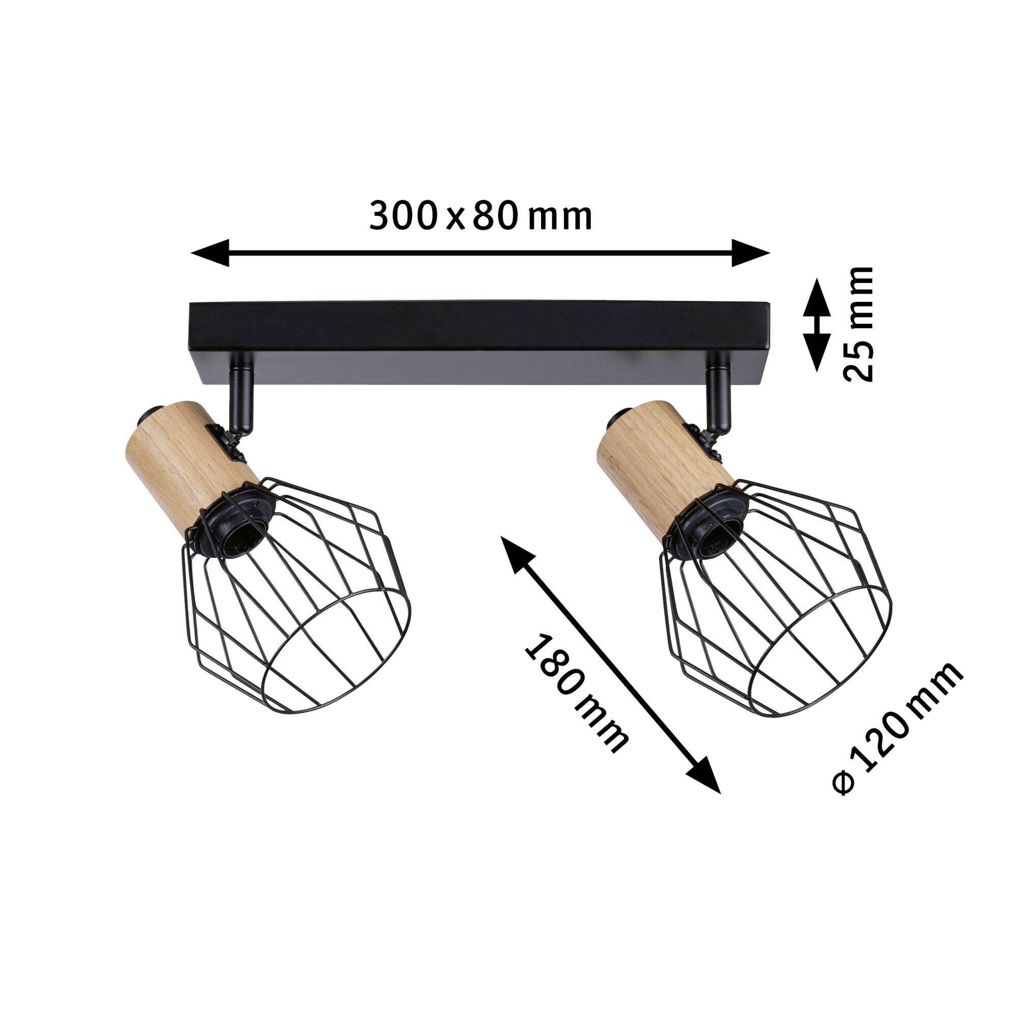 Schwarze Deckenleuchte mit zwei verstellbaren Käfiglampen aus Holz und Metall. Maße: 300x80mm, Lampen: 180mm lang, Ø120mm.
