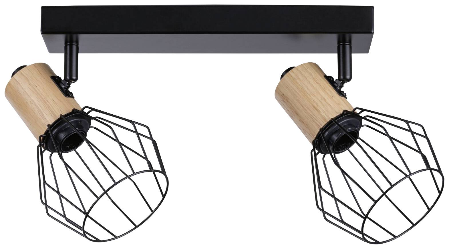 Zwei schwarze Deckenstrahler mit Holzdetails und Drahtgitterschirmen, die in verschiedene Richtungen zeigen.