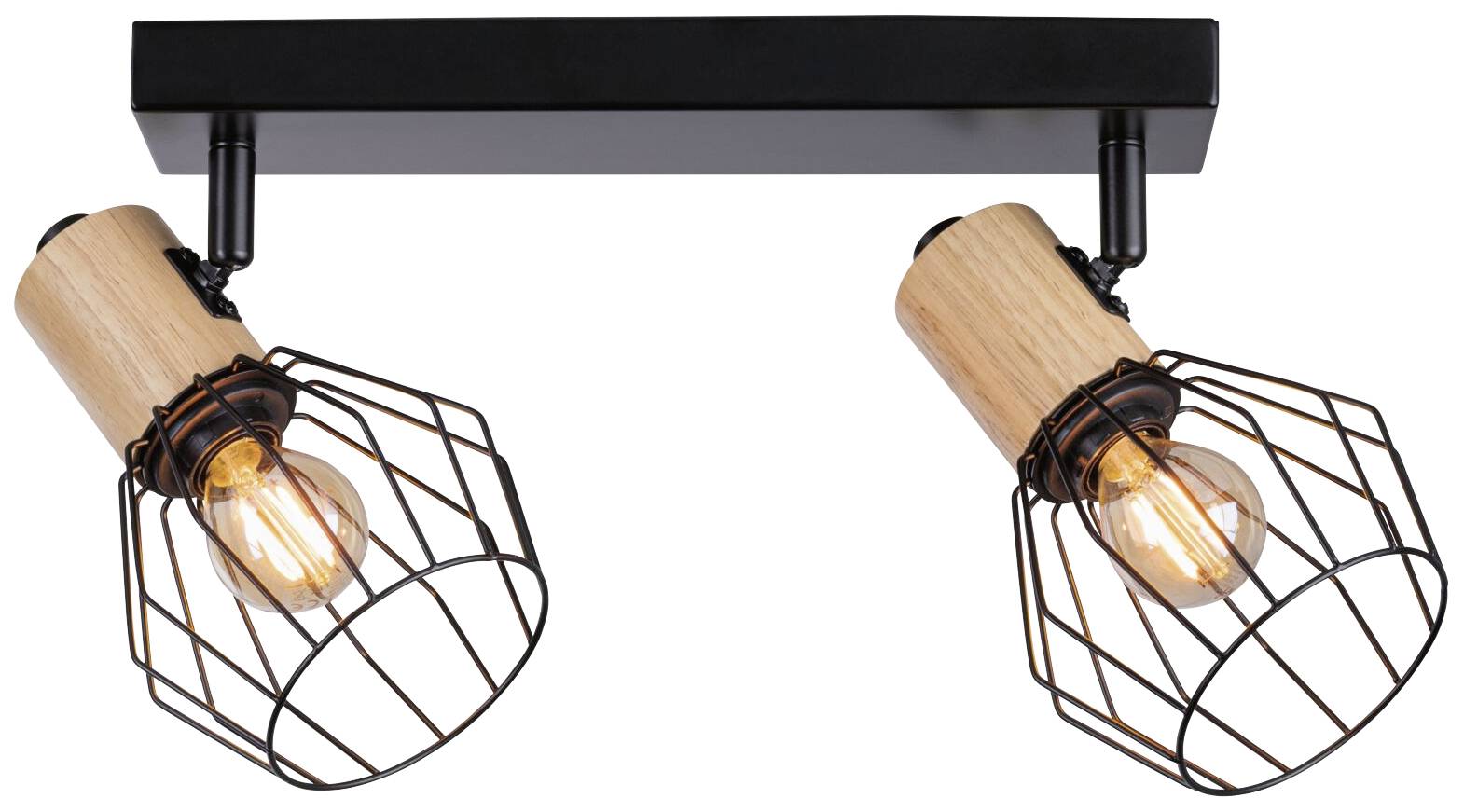 Zwei schwarze und holzfarbene Deckenlampen mit Gitterdesign, montiert auf einer rechteckigen Platte. Sie werfen warmes Licht.